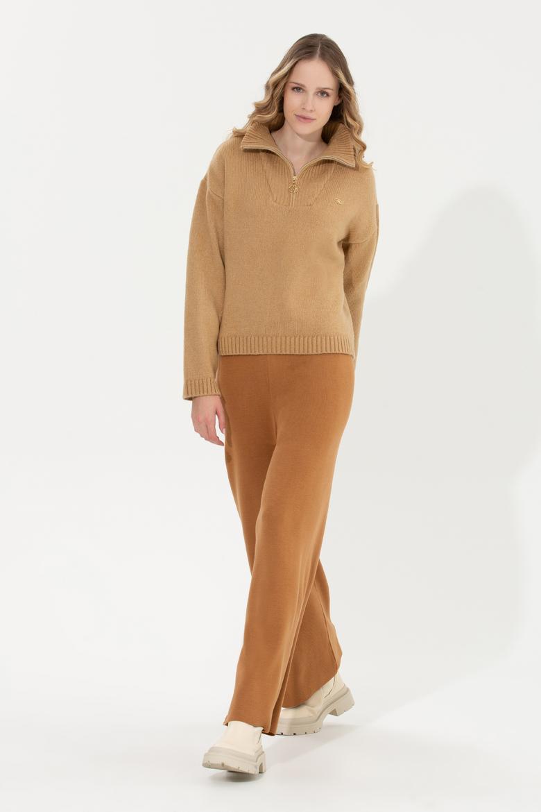 Kadın Camel Melanj Loose Fit Triko Pantolon - 50259636007