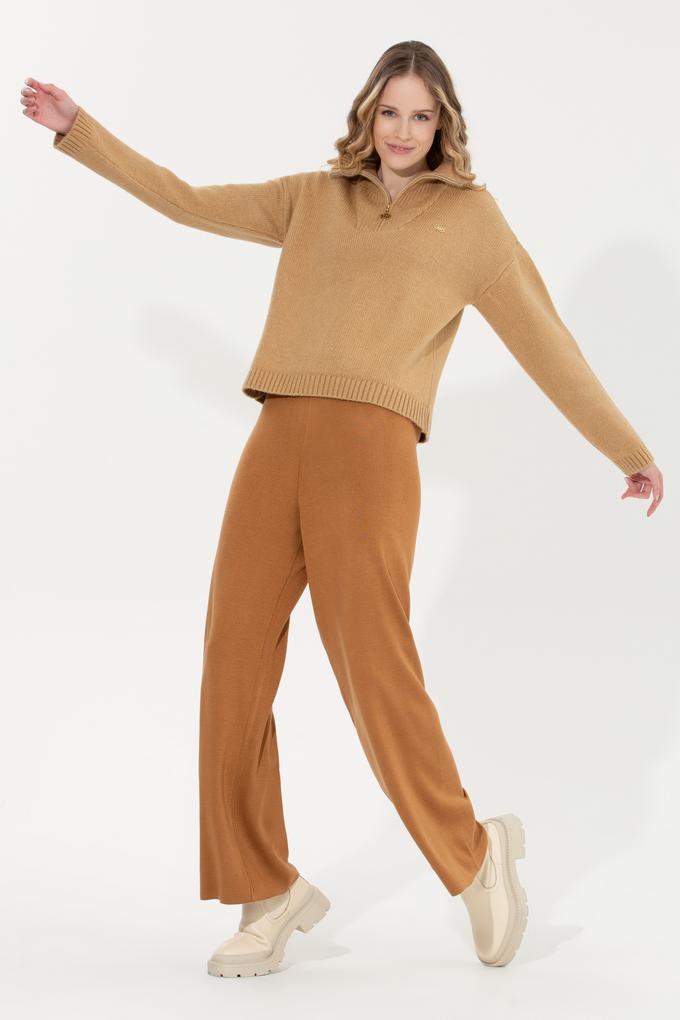 Kadın Camel Melanj Loose Fit Triko Pantolon