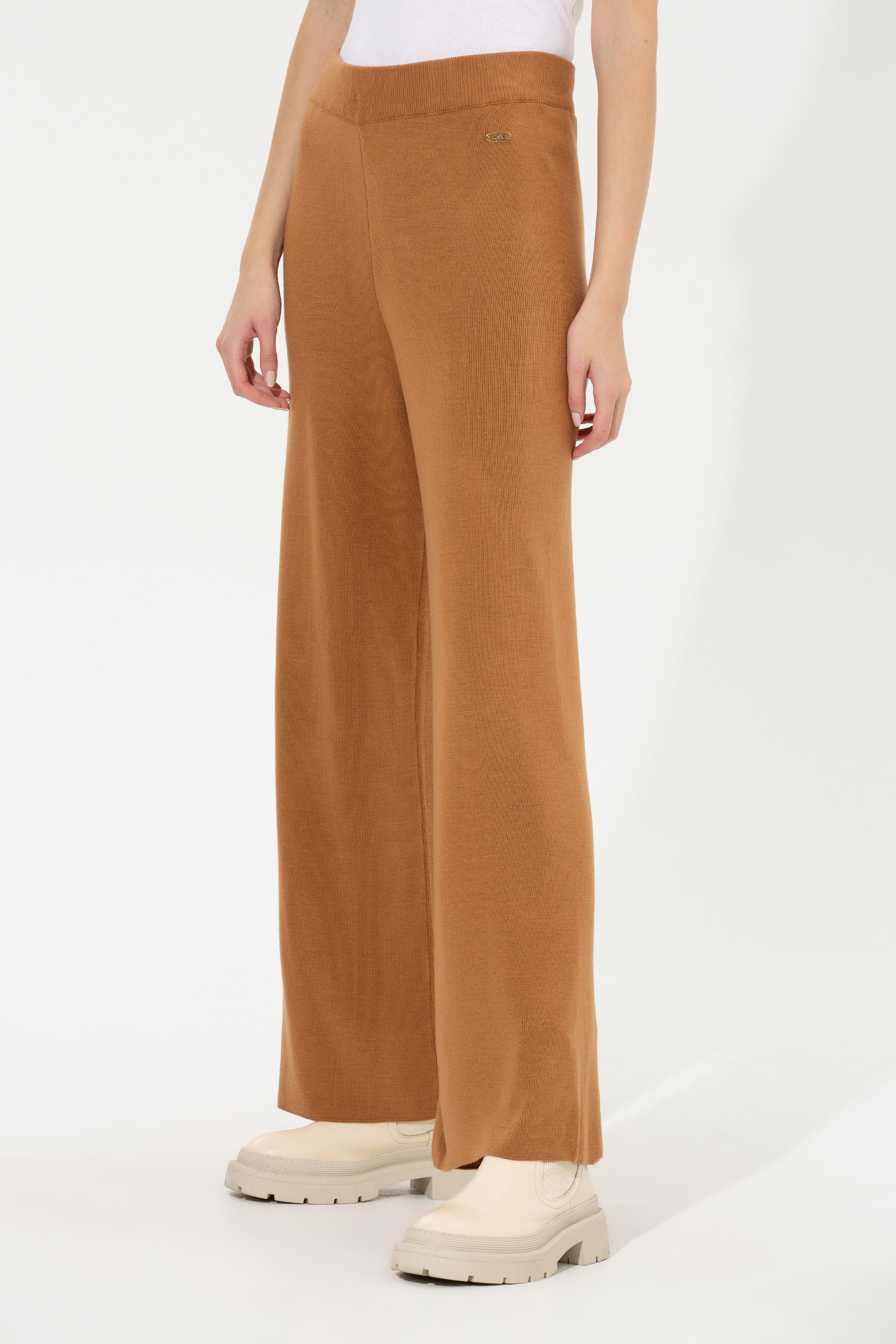 Kadın Camel Melanj Loose Fit Triko Pantolon - Image 2