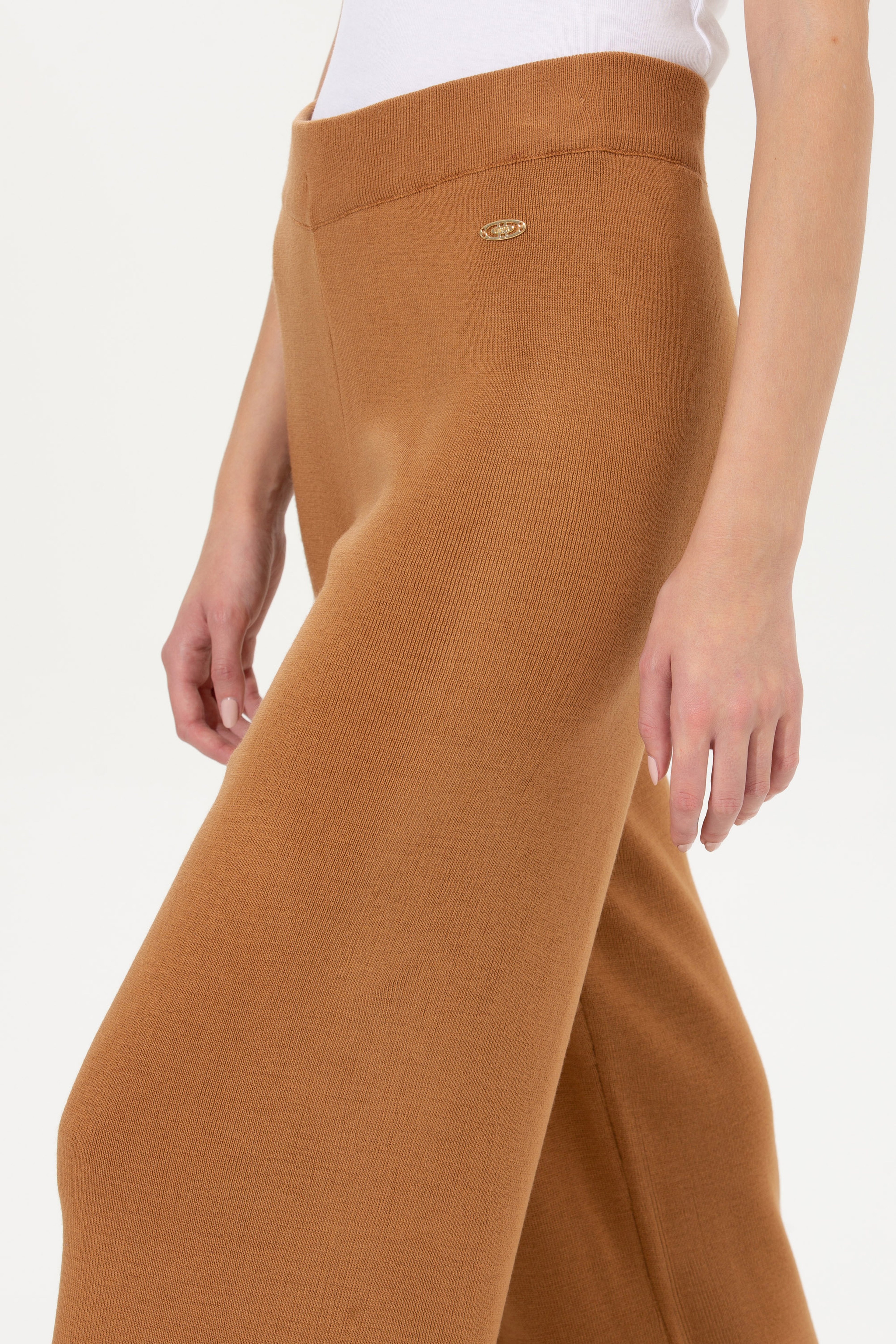 Kadın Camel Melanj Loose Fit Triko Pantolon
