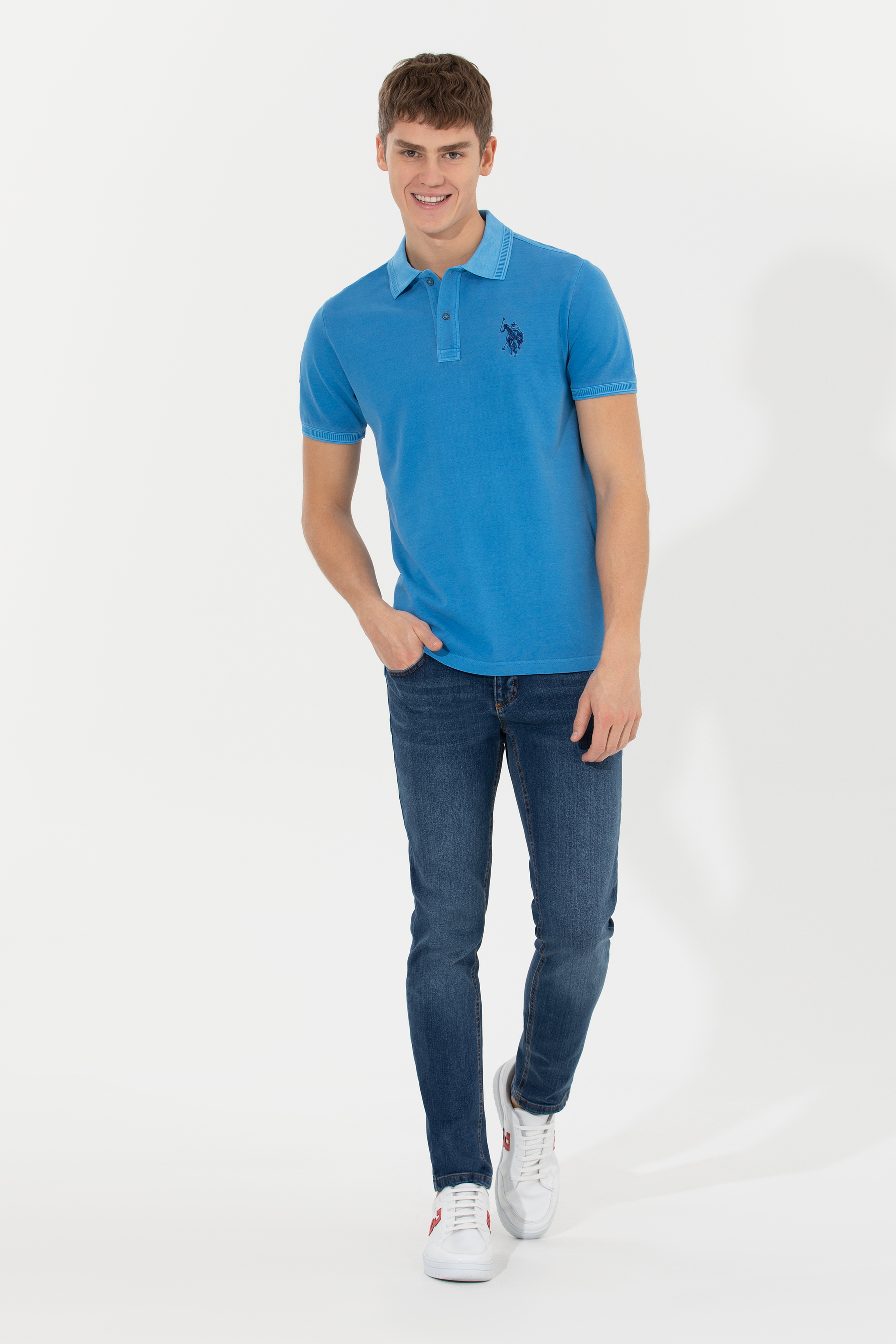Erkek Petrol Basic Polo Yaka Tişört - Image 4