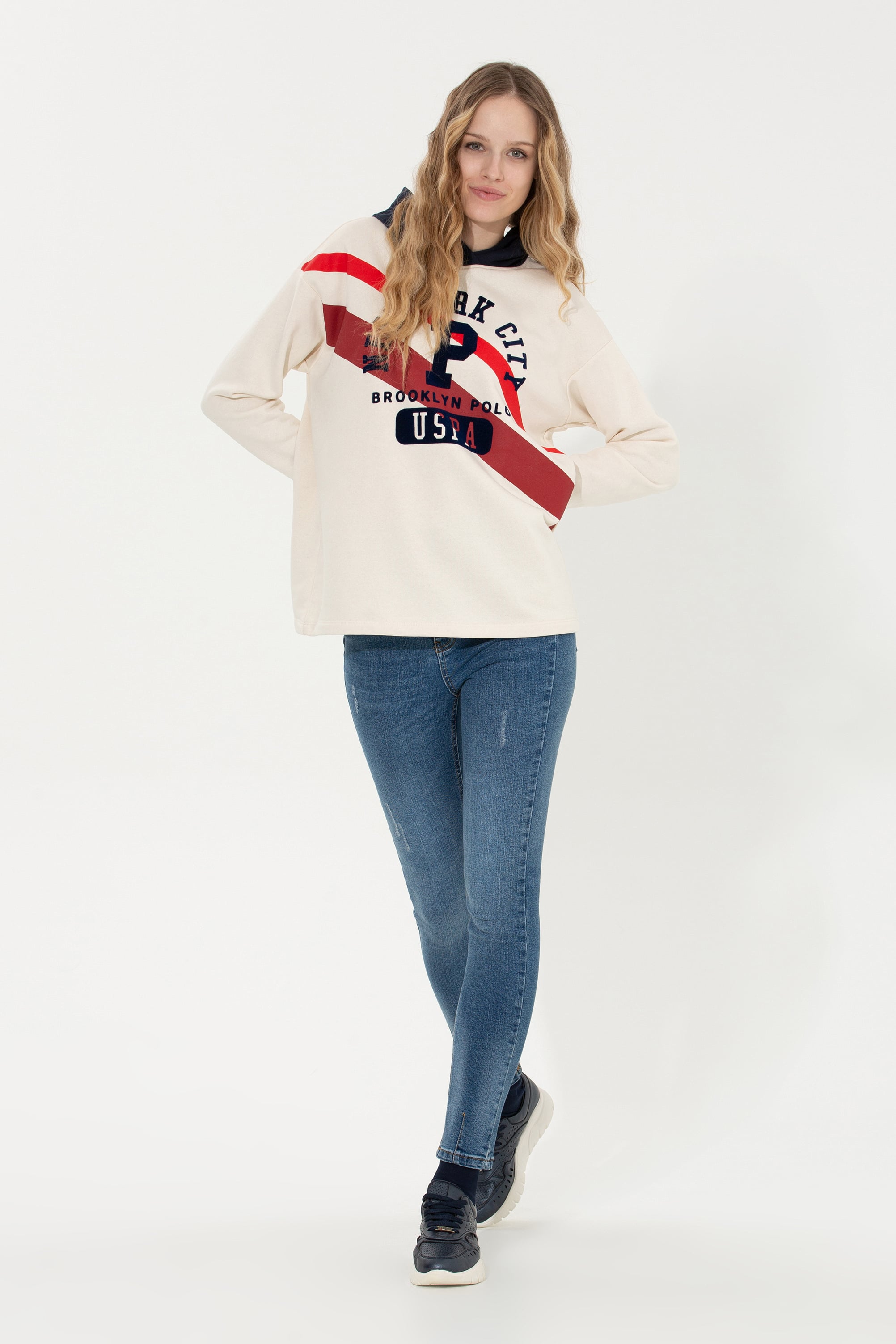Kadın Ekru Kapüşonlu Sweatshirt - Image 4