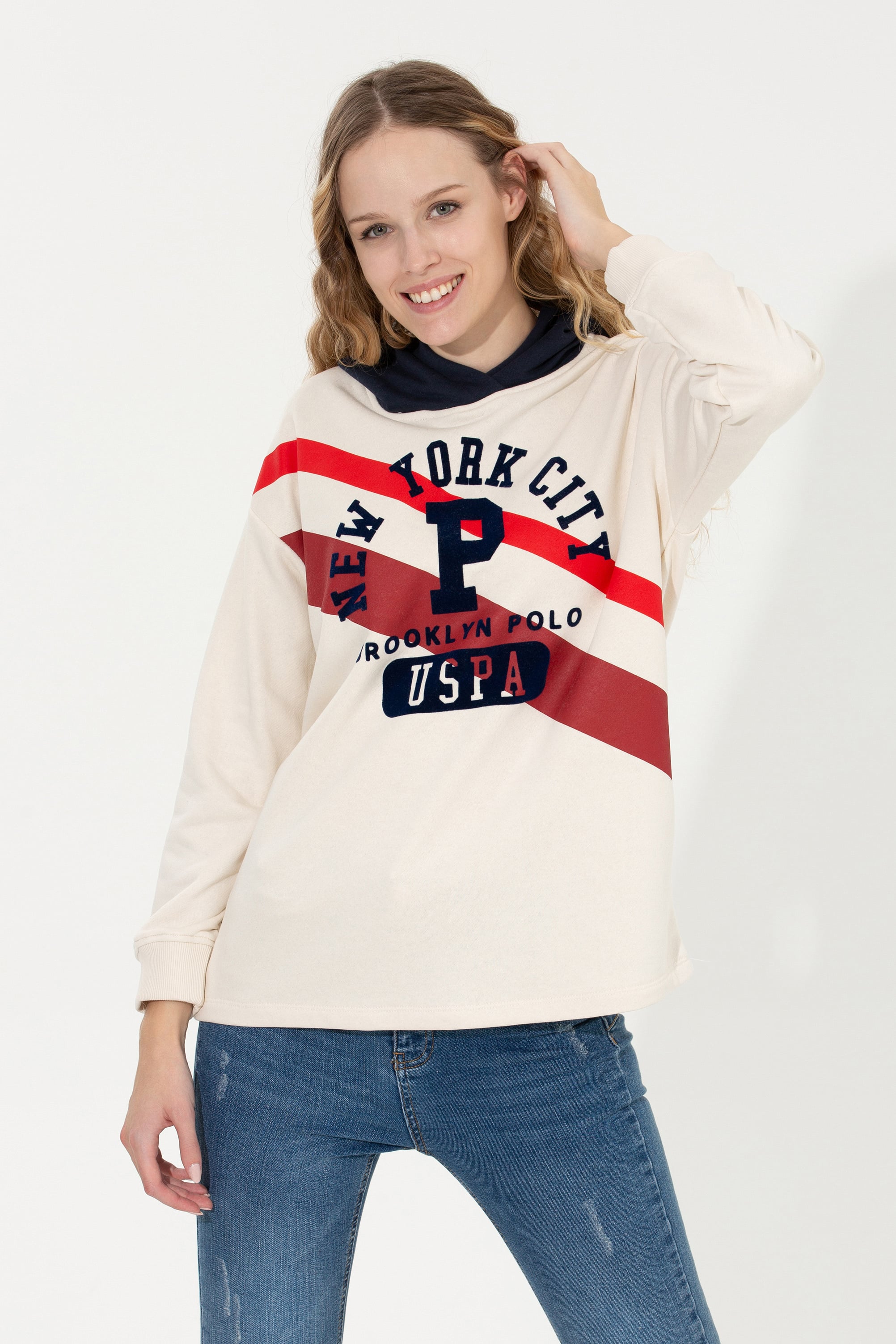 Kadın Ekru Kapüşonlu Sweatshirt