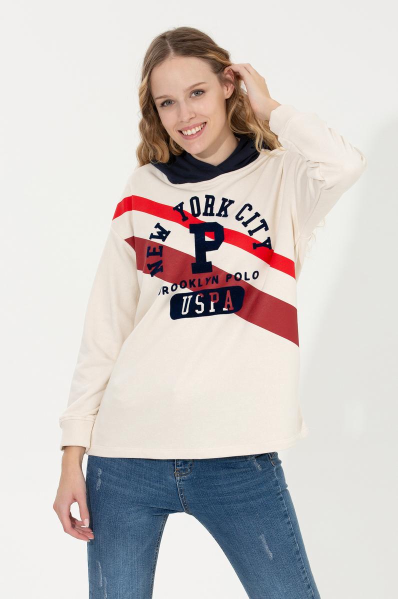 Kadın Ekru Kapüşonlu Sweatshirt