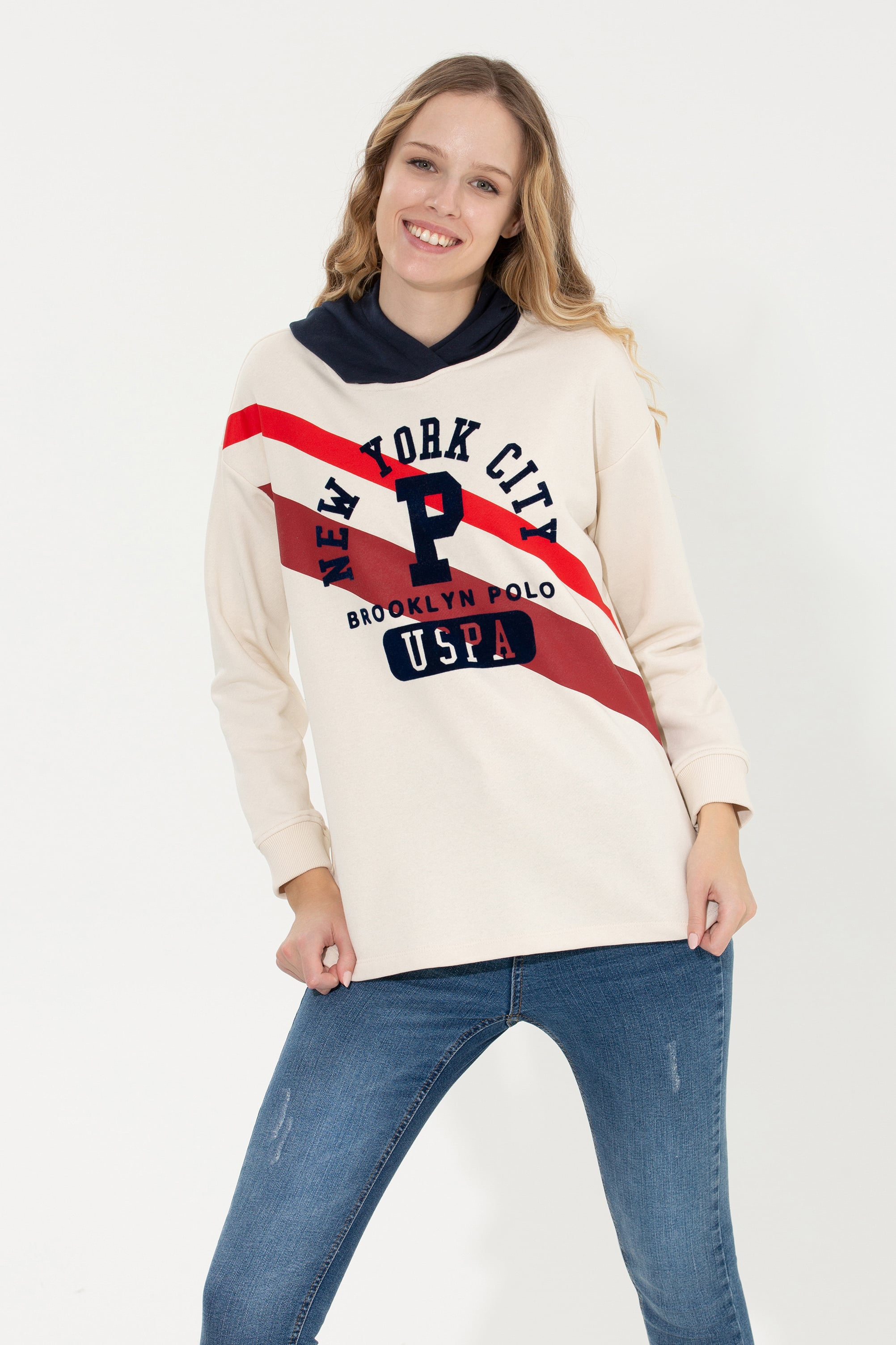 Kadın Ekru Kapüşonlu Sweatshirt - Image 3
