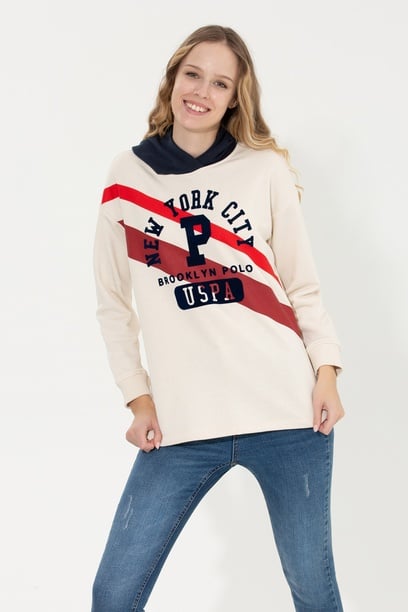 Kadın Ekru Kapüşonlu Sweatshirt