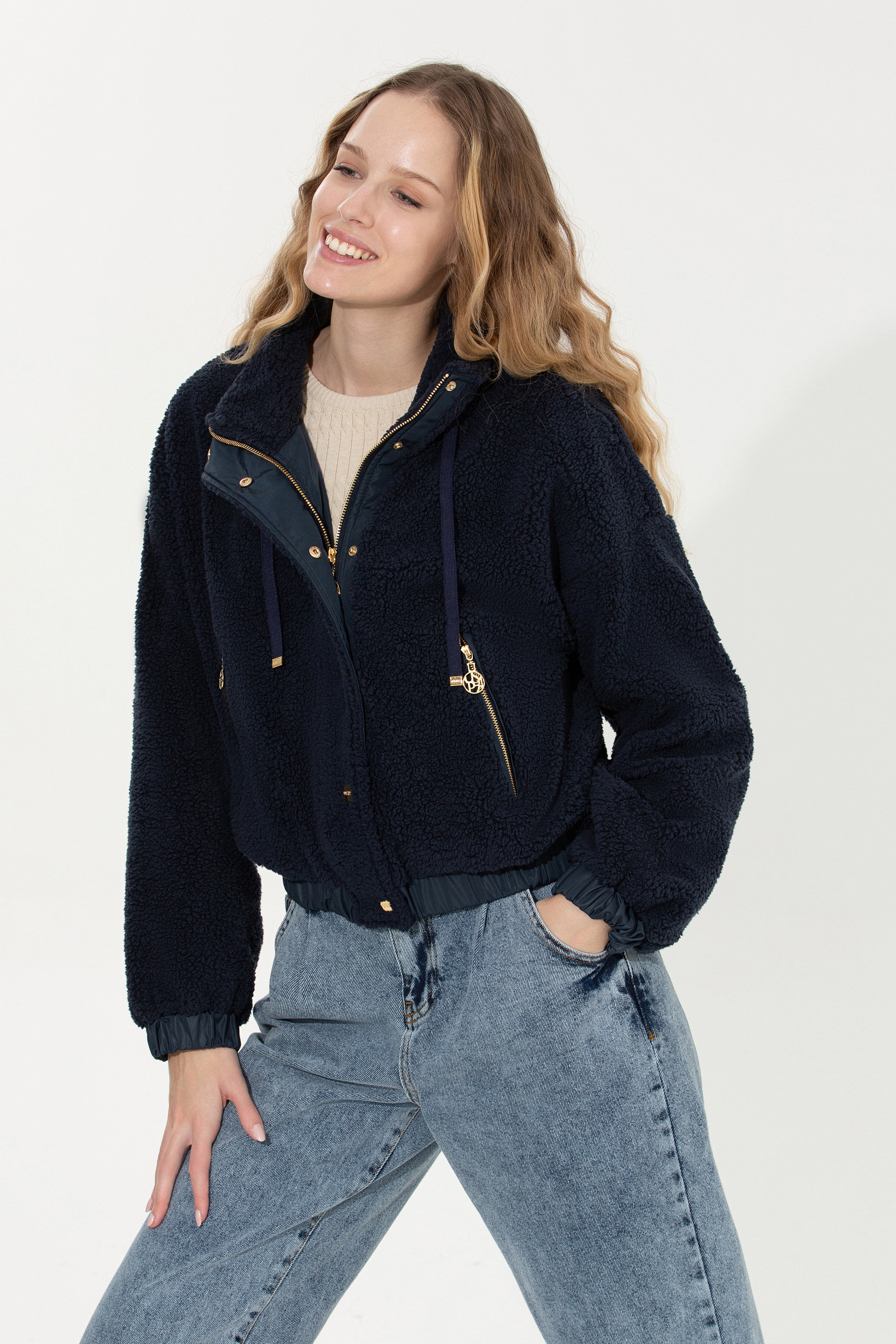 Kadın Lacivert Fermuarlı Sweatshirt - Image 3