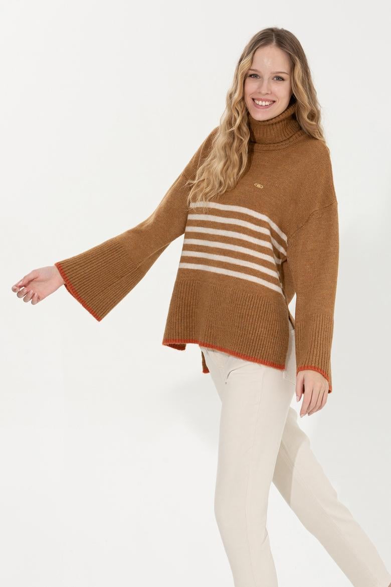 Kadın Camel Melanj Balıkçı Yaka Kazak