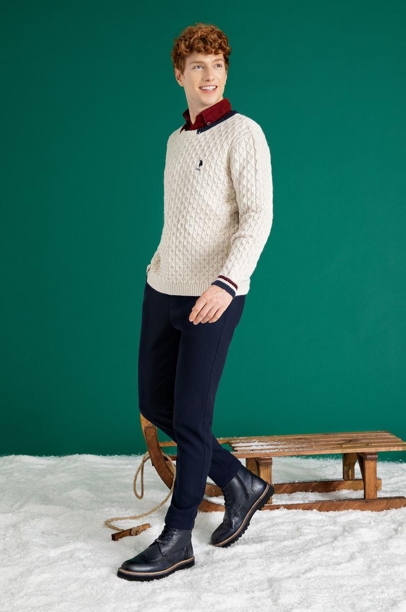 Erkek Krem Melanj Bisiklet Yaka Triko Kazak