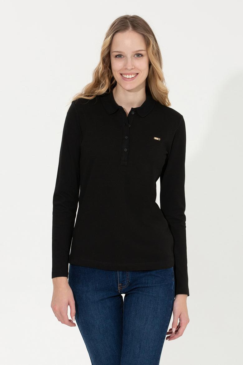 Kadın Siyah Basic Polo Yaka Sweatshirt