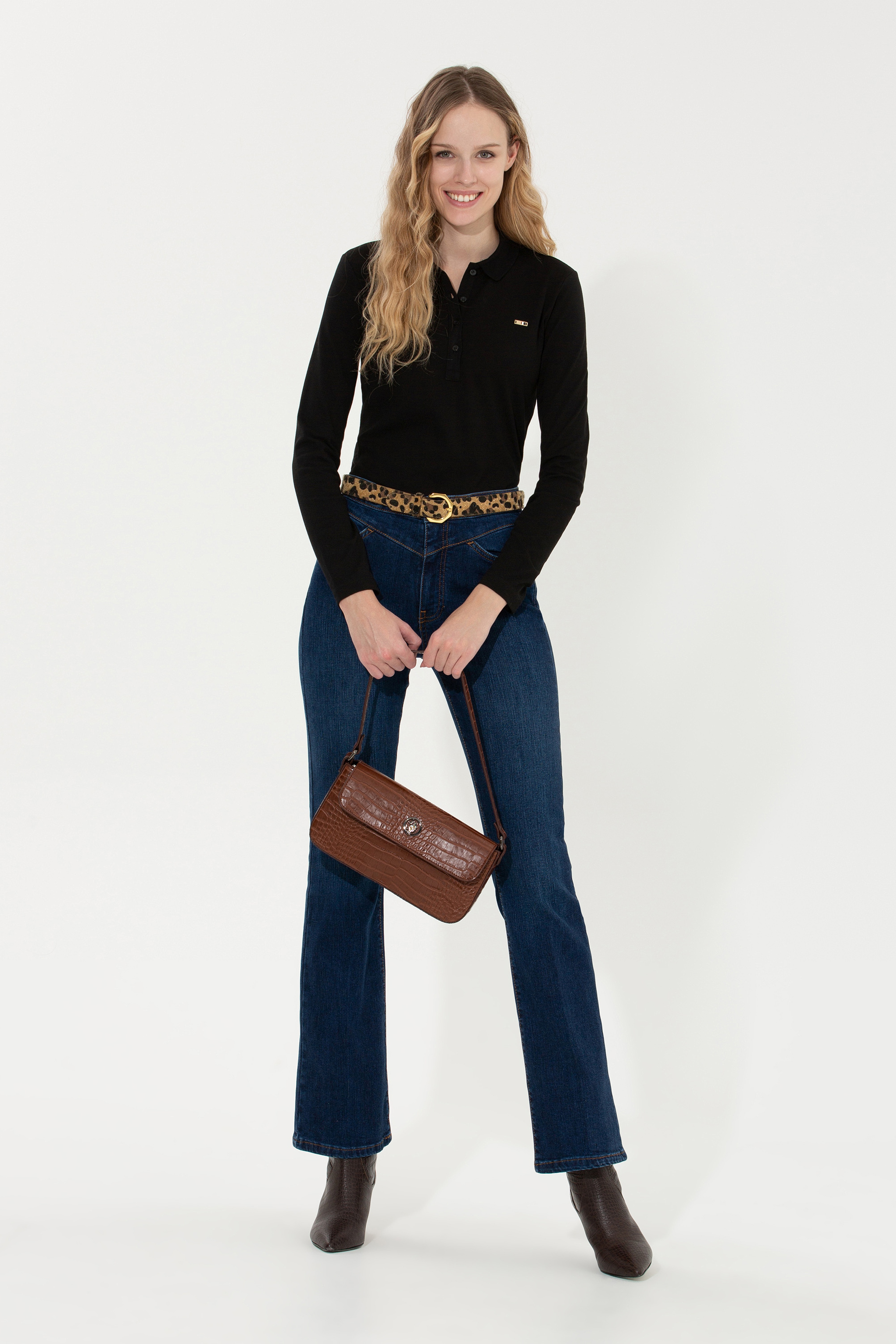Kadın Siyah Basic Polo Yaka Sweatshirt
