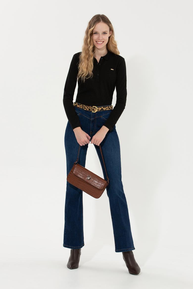 Kadın Siyah Basic Polo Yaka Sweatshirt - 50261237040