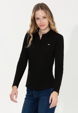 Kadın Siyah Basic Polo Yaka Sweatshirt - 50261237040