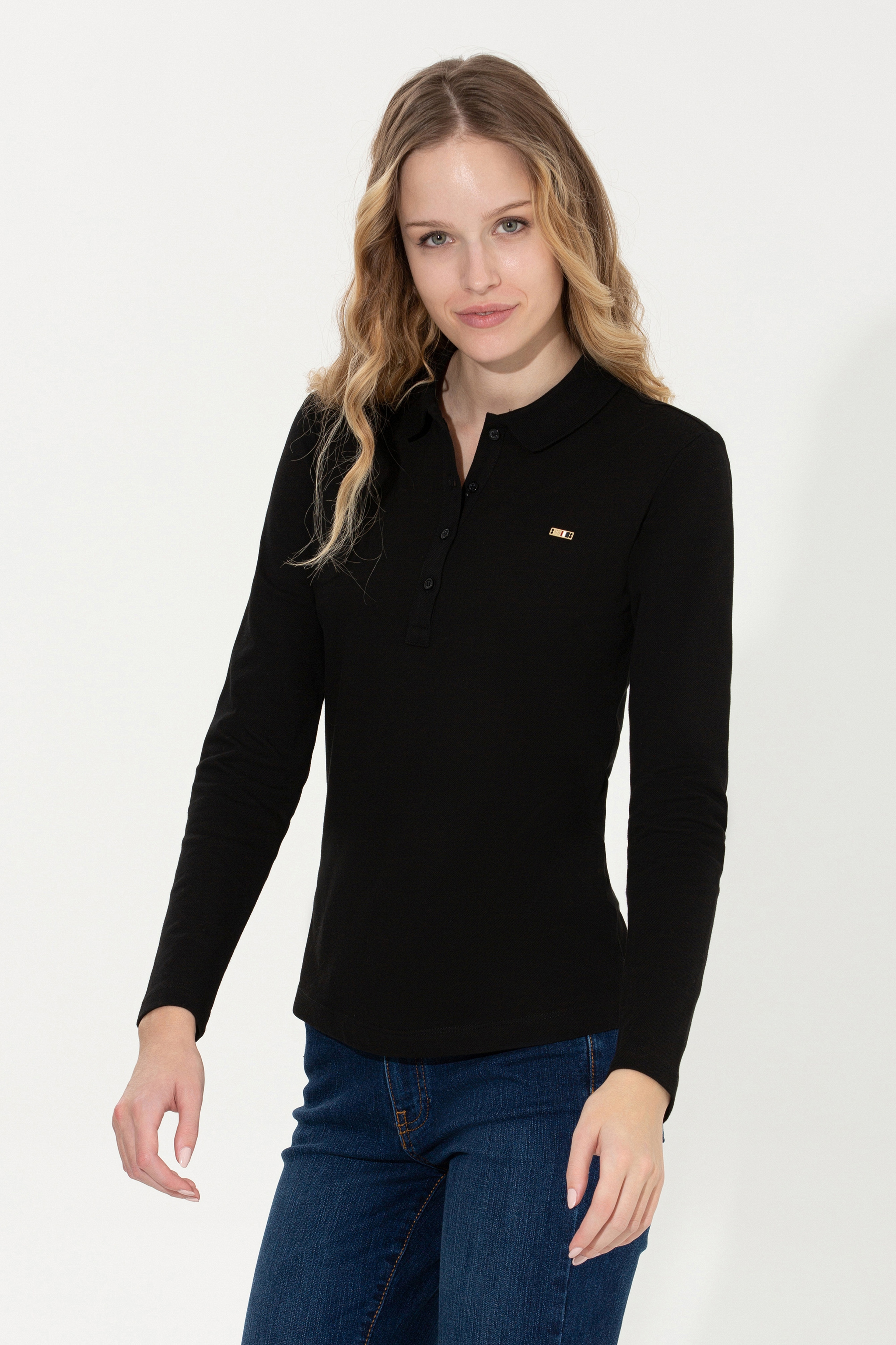 Kadın Siyah Basic Polo Yaka Sweatshirt