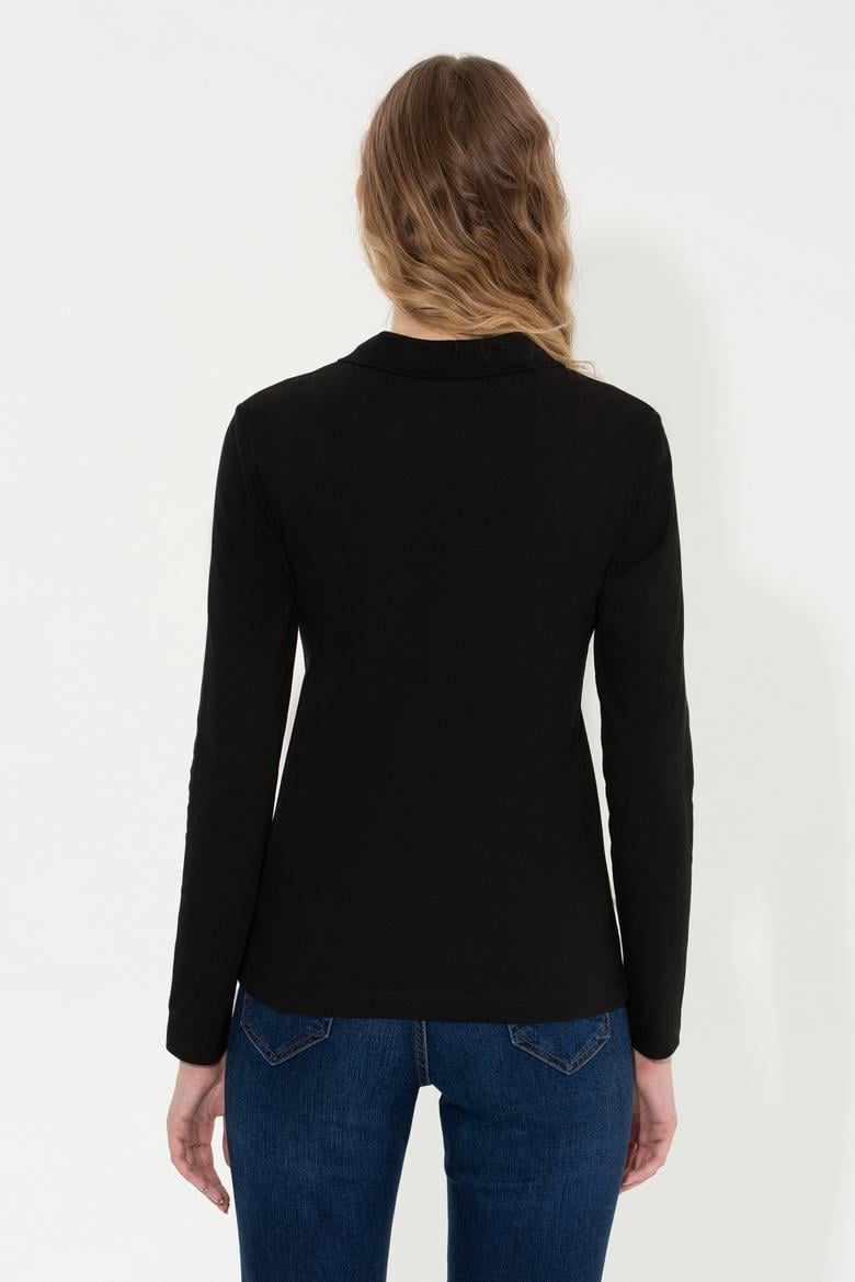 Kadın Siyah Basic Polo Yaka Sweatshirt - 50261237040