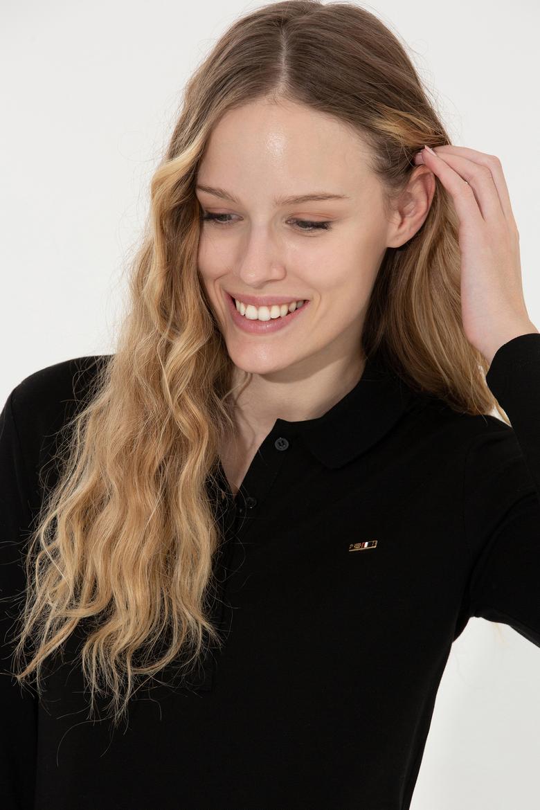 Kadın Siyah Basic Polo Yaka Sweatshirt - 50261237040