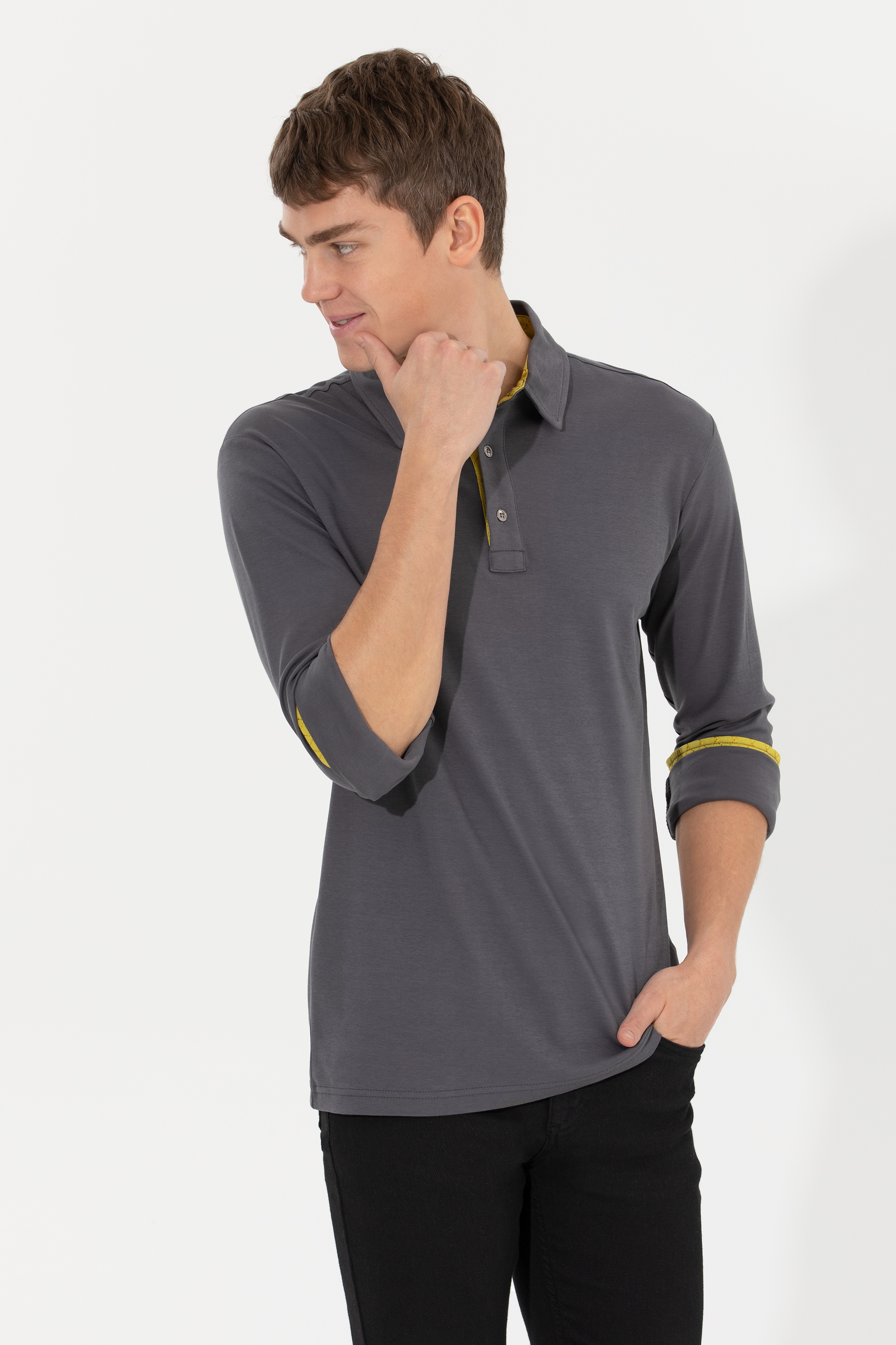 Erkek Antrasit Polo Yaka Sweatshirt - Image 3