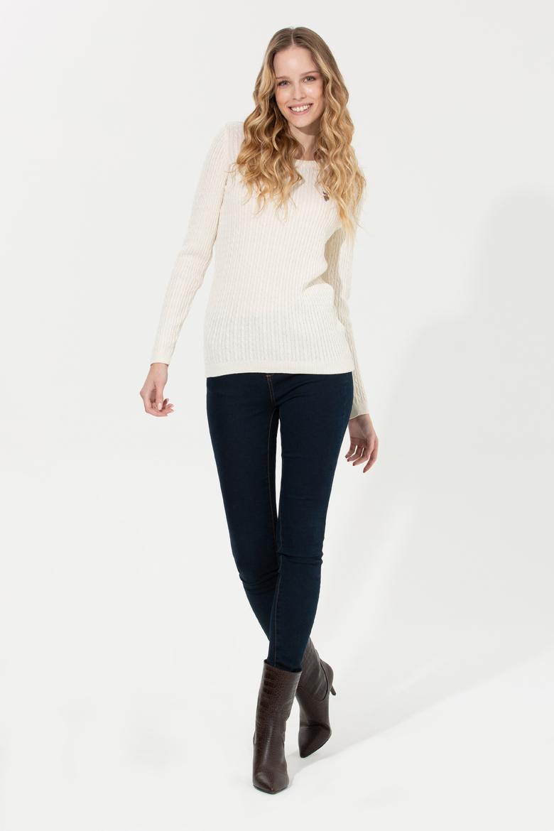 Kadın Ekru Bisiklet Yaka Basic  Kazak - 50258077021