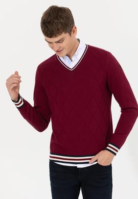 Erkek Bordo V Yaka Triko Kazak - 50258136012