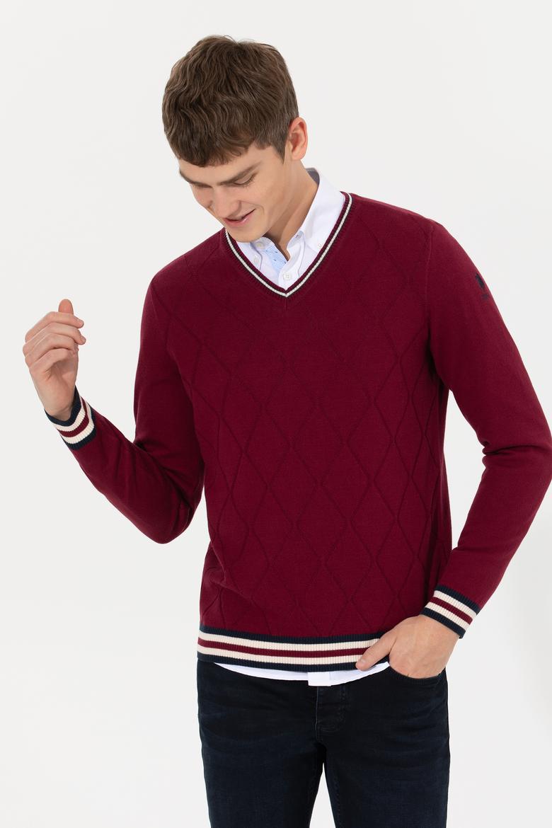 Erkek Bordo V Yaka Triko Kazak