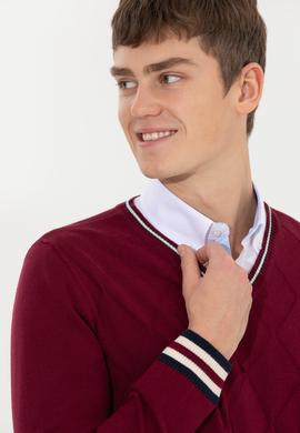 Erkek Bordo V Yaka Triko Kazak - 50258136012