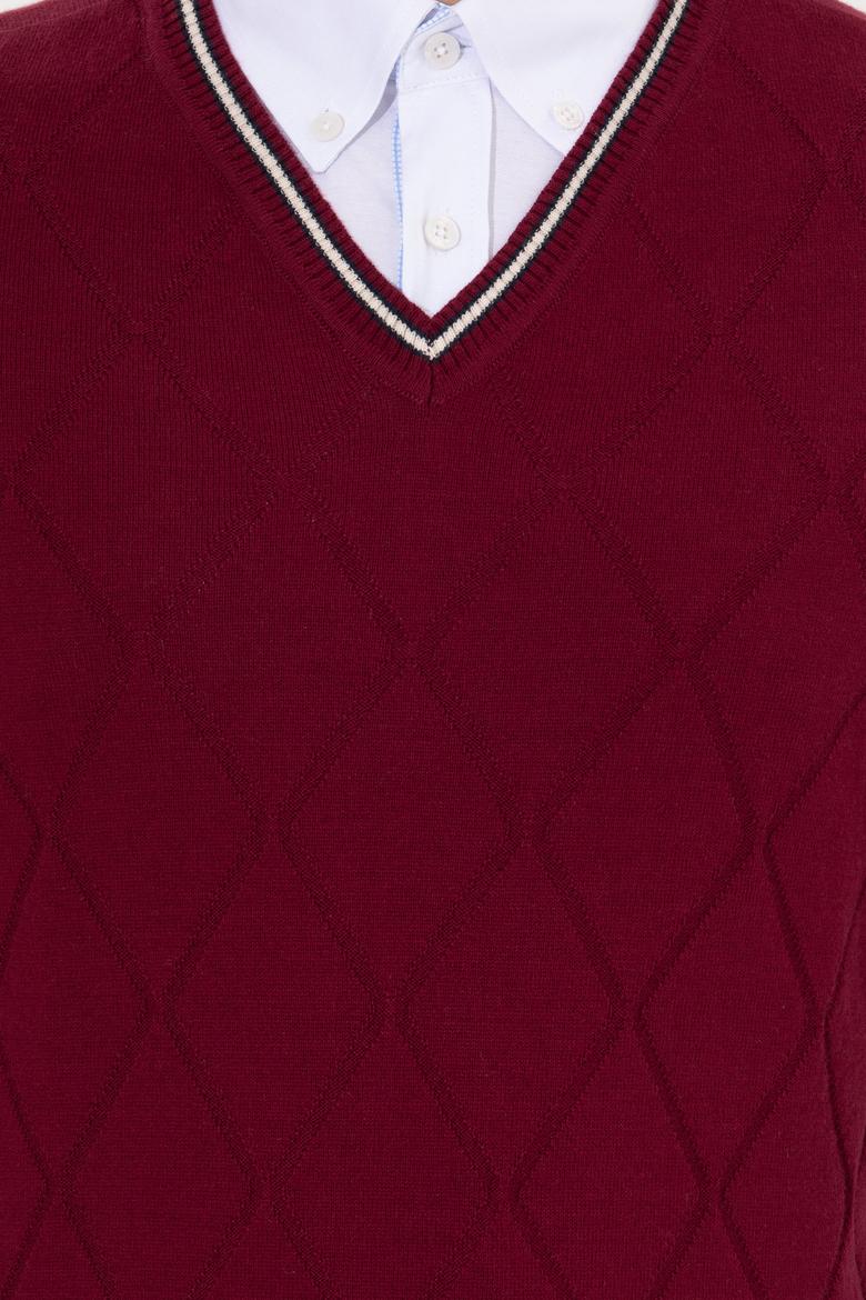 Erkek Bordo V Yaka Triko Kazak - 50258136012