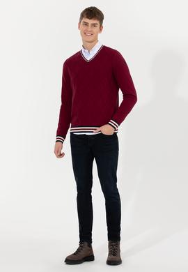 Erkek Bordo V Yaka Triko Kazak - 50258136012