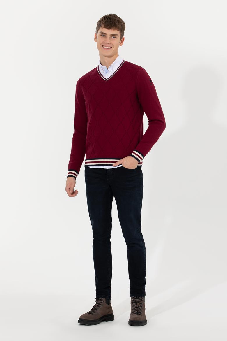 Erkek Bordo V Yaka Triko Kazak - 50258136012