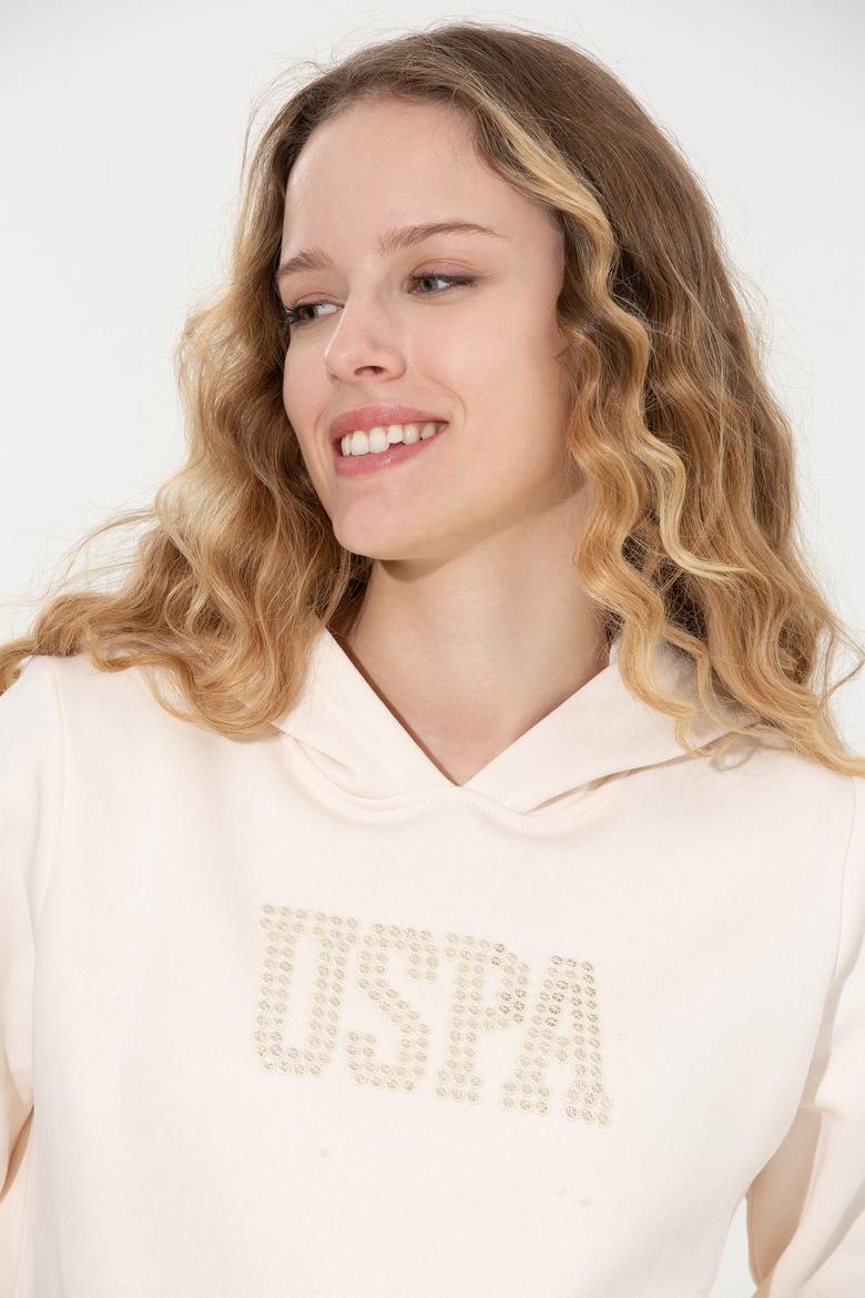 Kadın Ekru Kapüşonlu Basic Sweatshirt