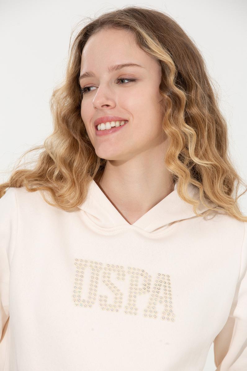 Kadın Ekru Kapüşonlu Basic Sweatshirt