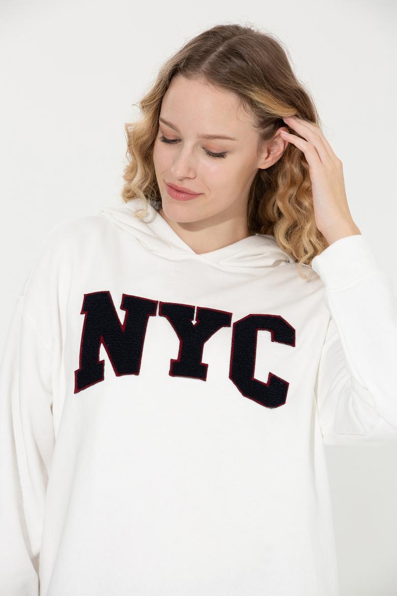 Kadın Ekru Kapüşonlu Sweatshirt
