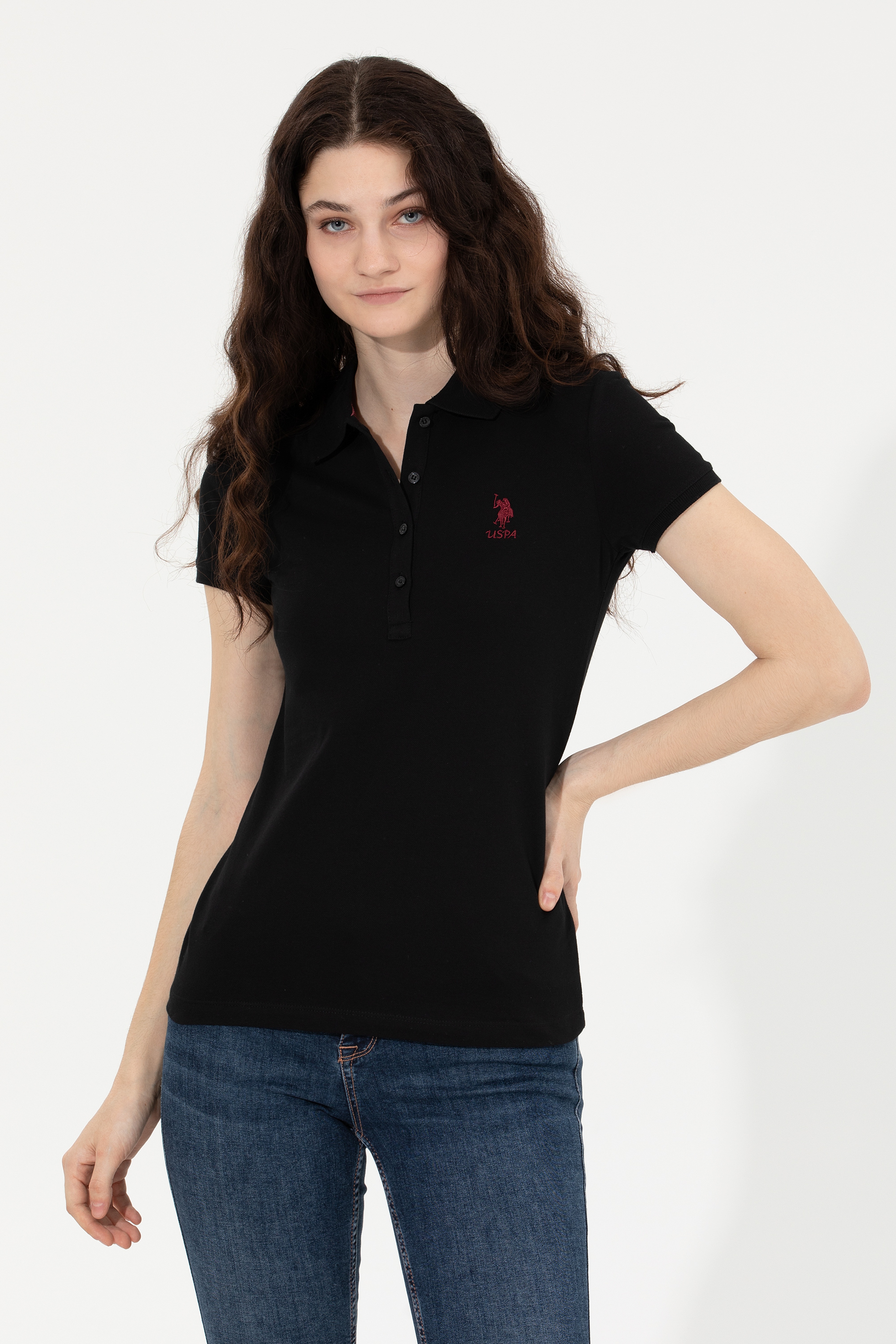 Kadın Siyah Basic Polo Yaka Tişört - Image 4