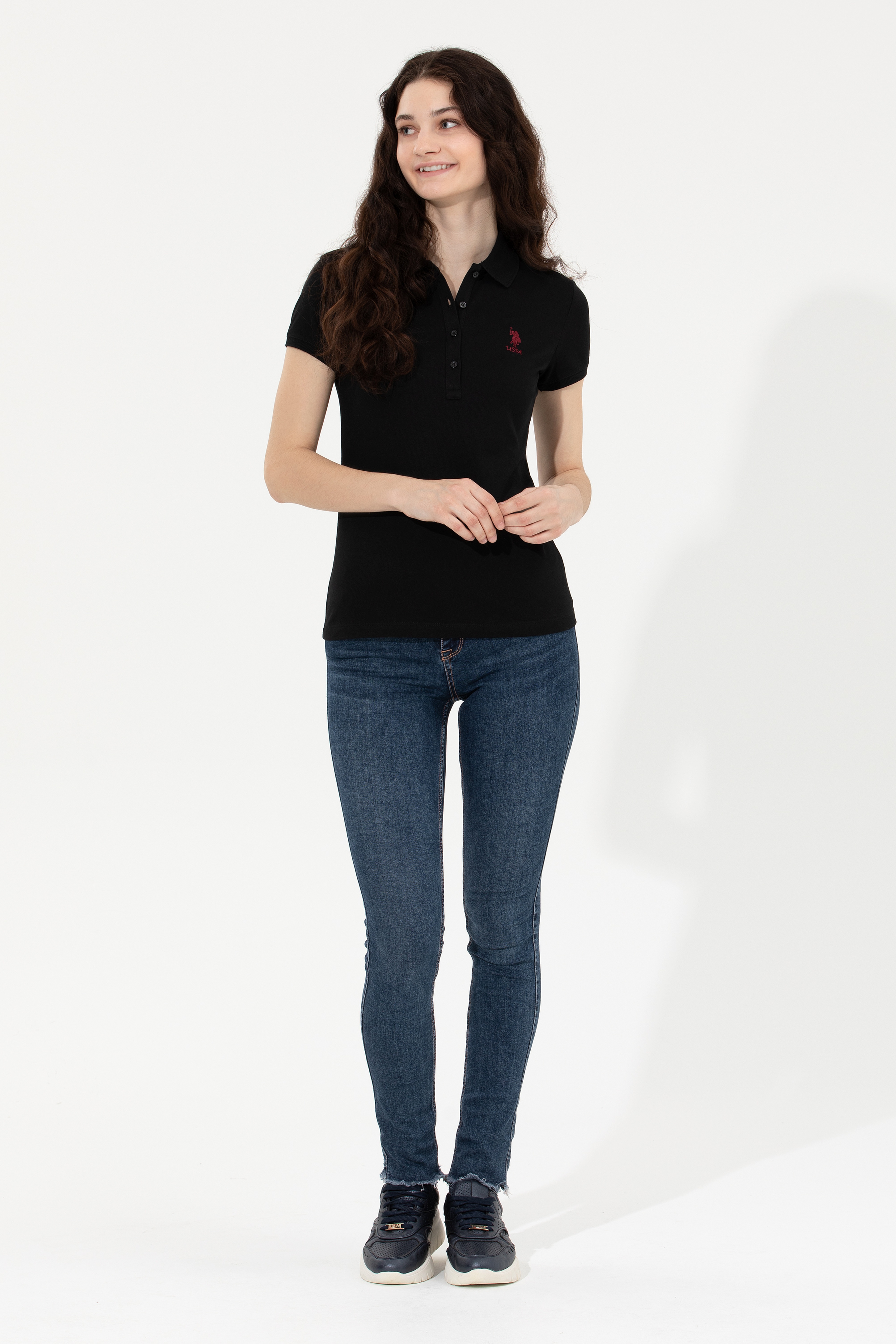Kadın Siyah Basic Polo Yaka Tişört - Image 3