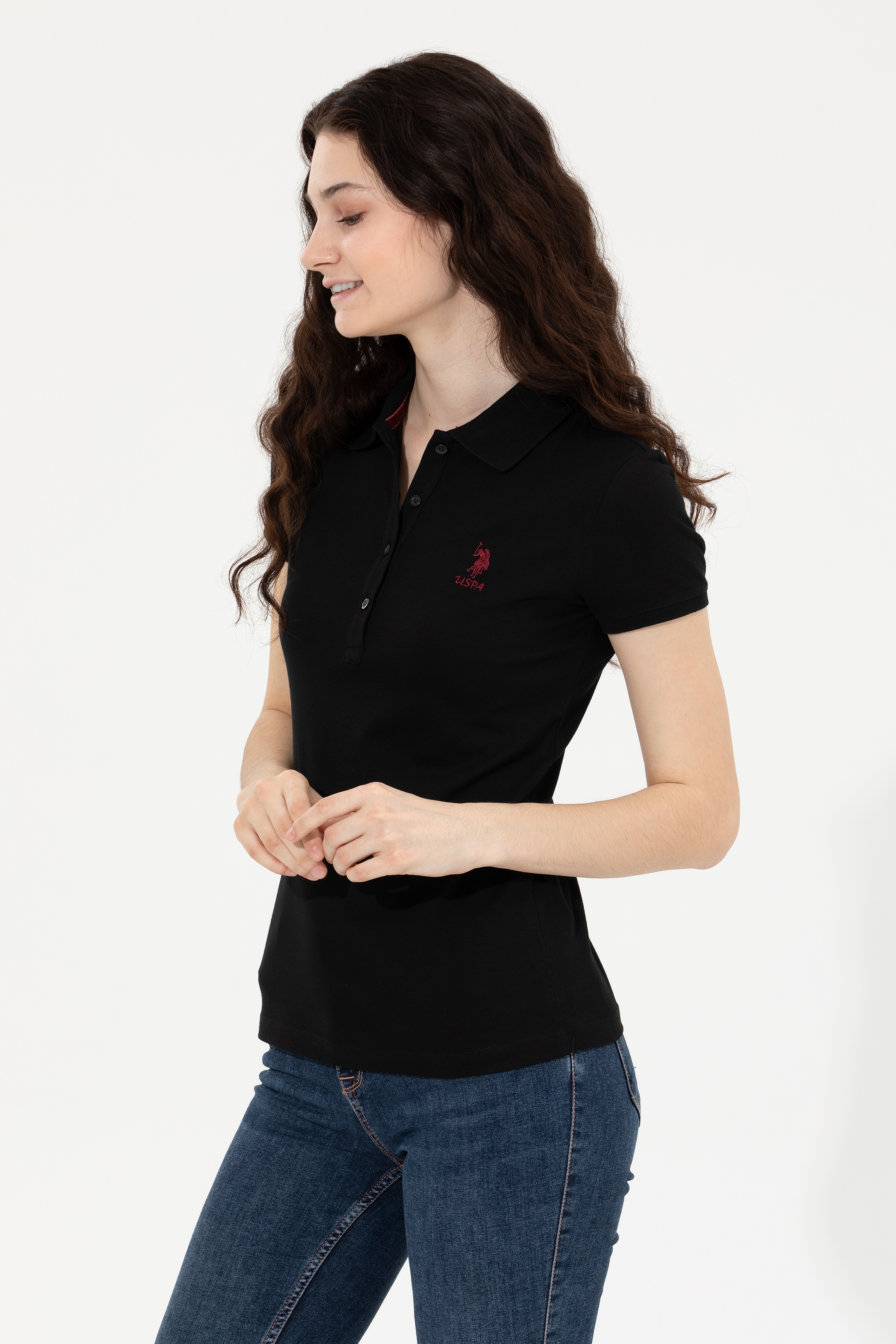 Kadın Siyah Basic Polo Yaka Tişört - Image 1