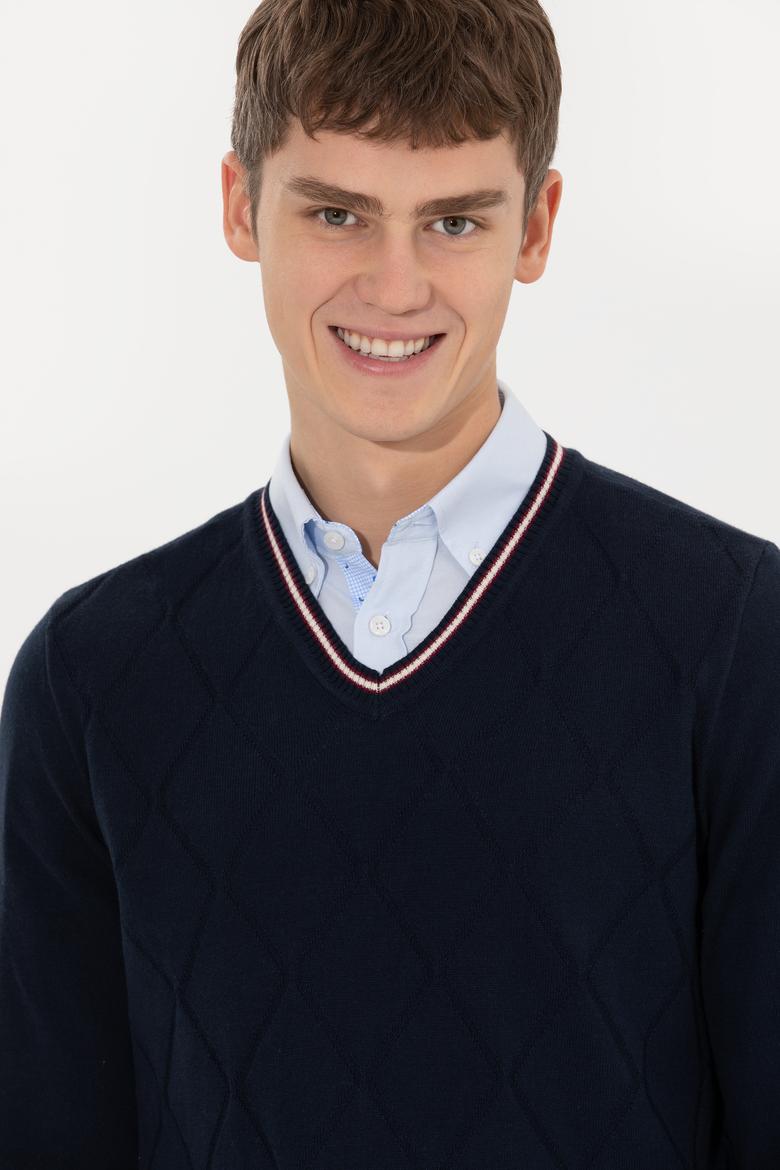 Erkek Lacivert V Yaka Triko Kazak - 50258136005