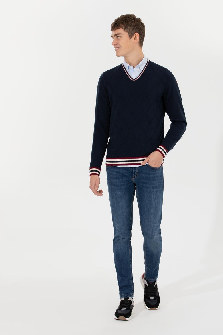 Erkek Lacivert V Yaka Triko Kazak - 50258136005