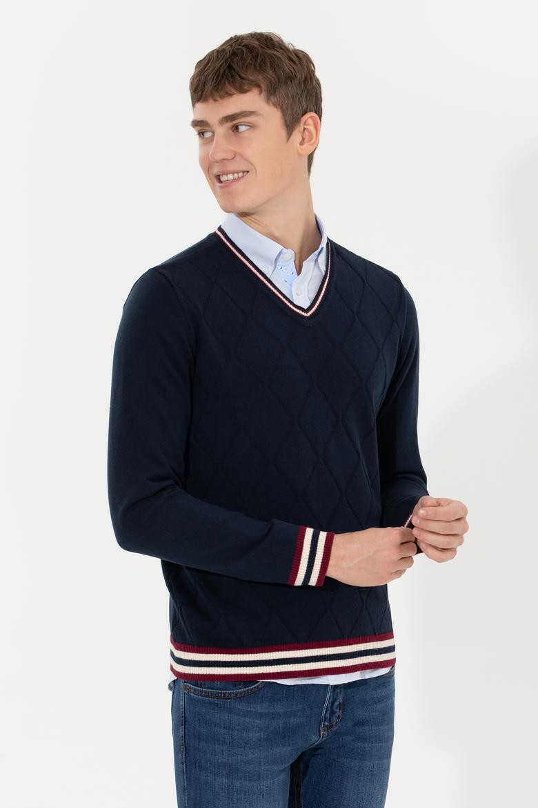 Erkek Lacivert V Yaka Triko Kazak - 50258136005