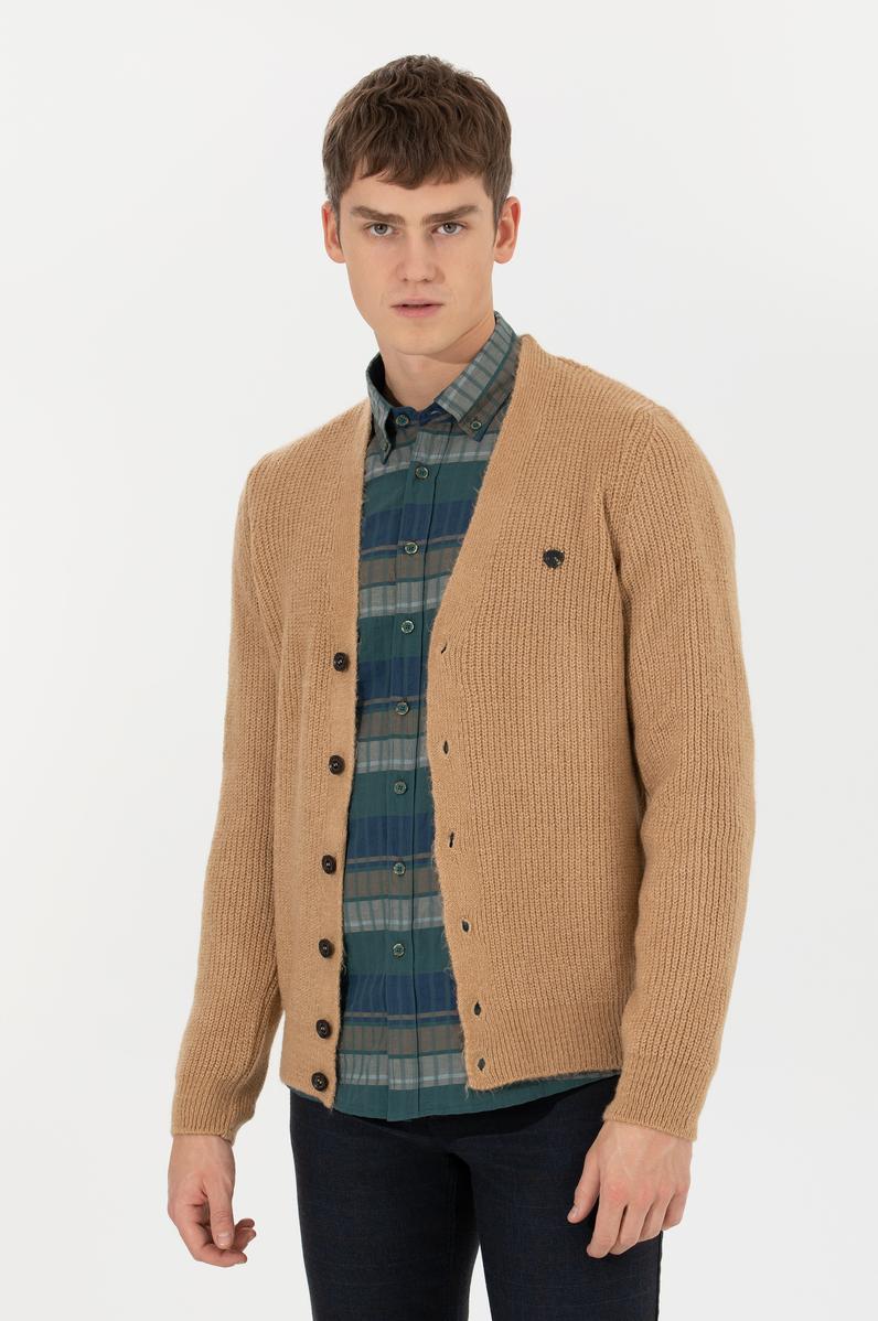 Erkek Camel Melanj Triko Hırka