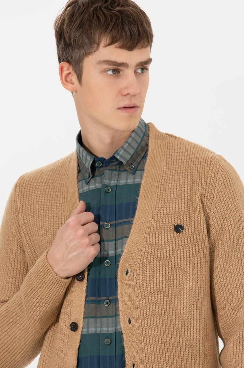 Erkek Camel Melanj Triko Hırka