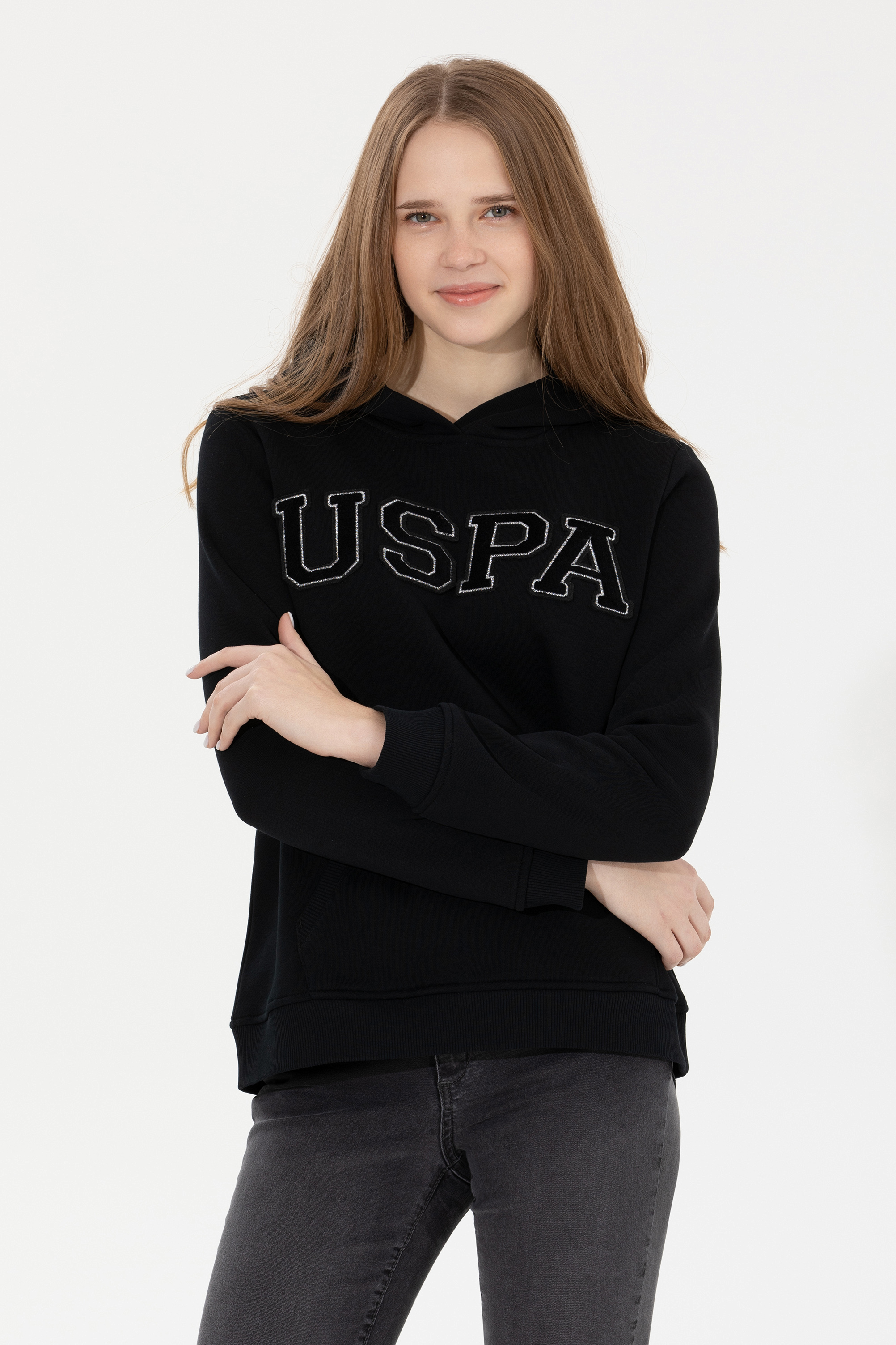 Kadın Siyah Kapüşonlu Basic Sweatshirt - Image 3