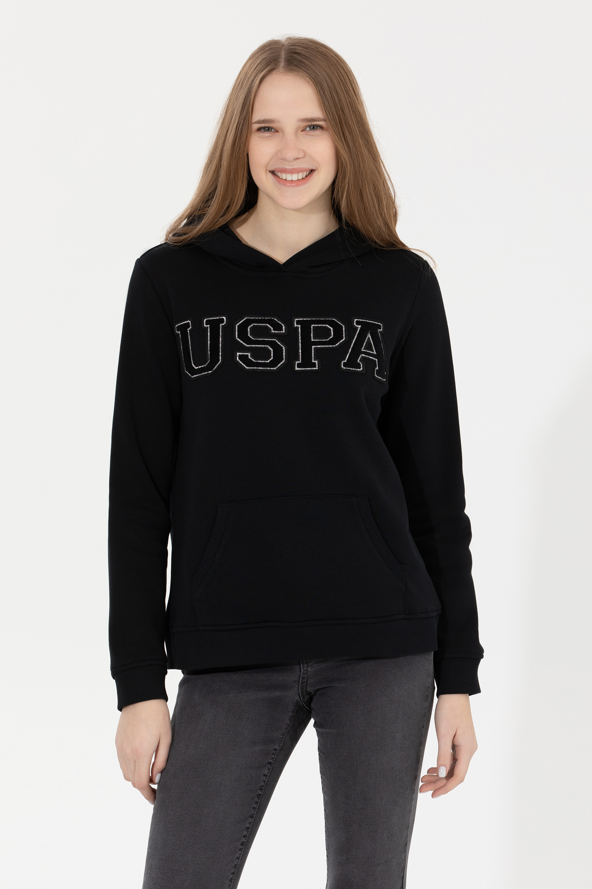 Kadın Siyah Kapüşonlu Basic Sweatshirt - Image 2