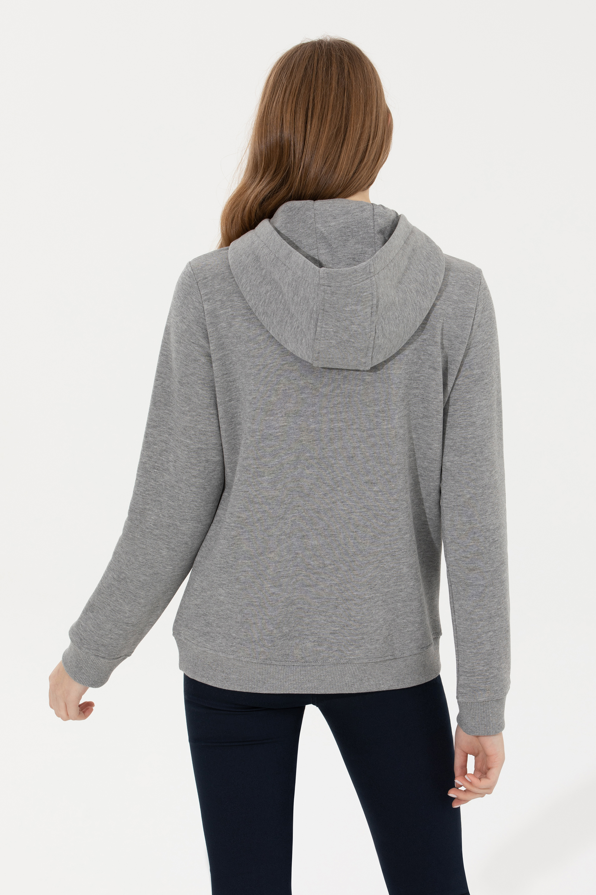 Kadın Gri Melanj Kapüşonlu Basic Sweatshirt - Image 5