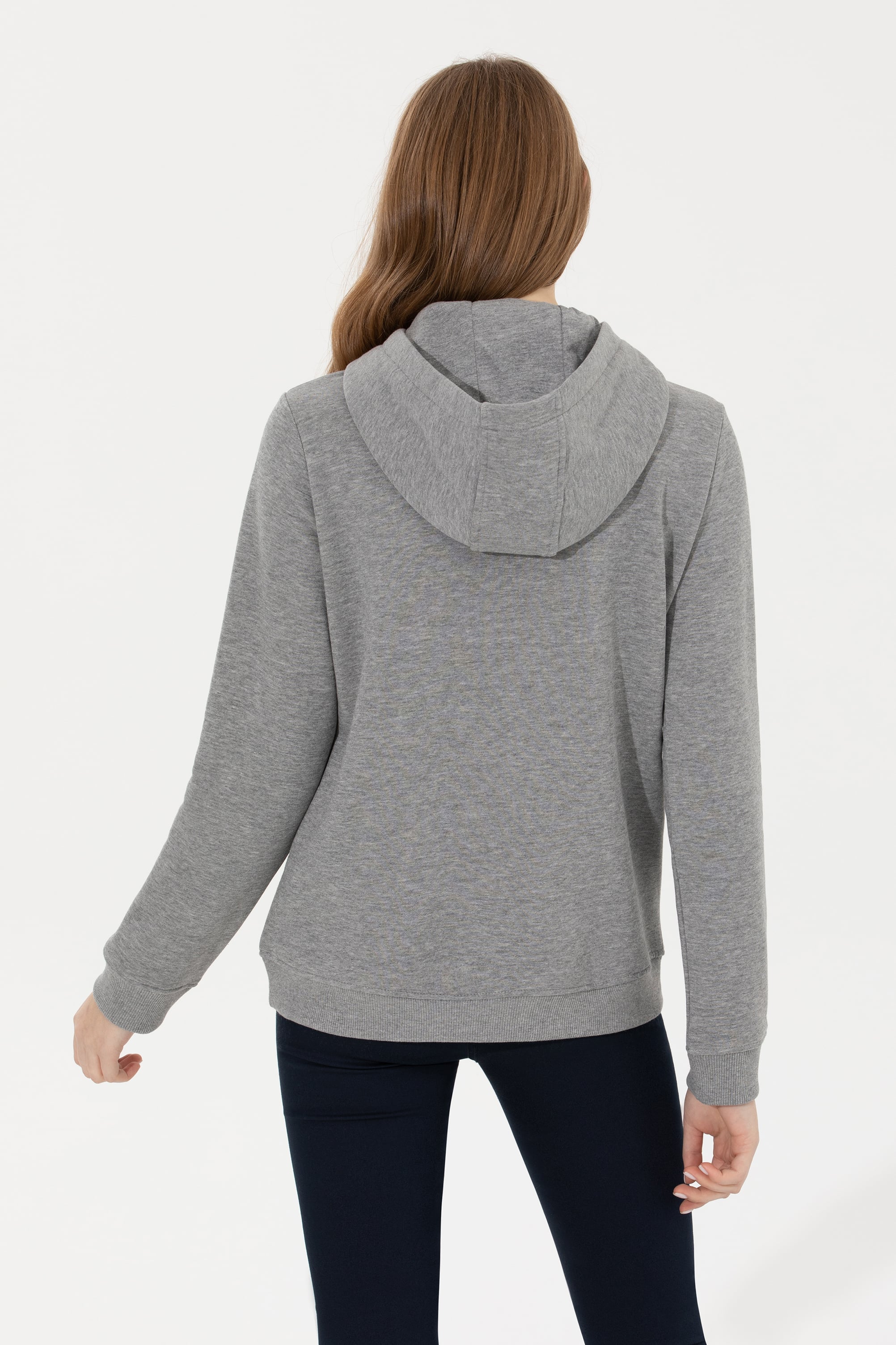 Kadın Gri Melanj Kapüşonlu Basic Sweatshirt