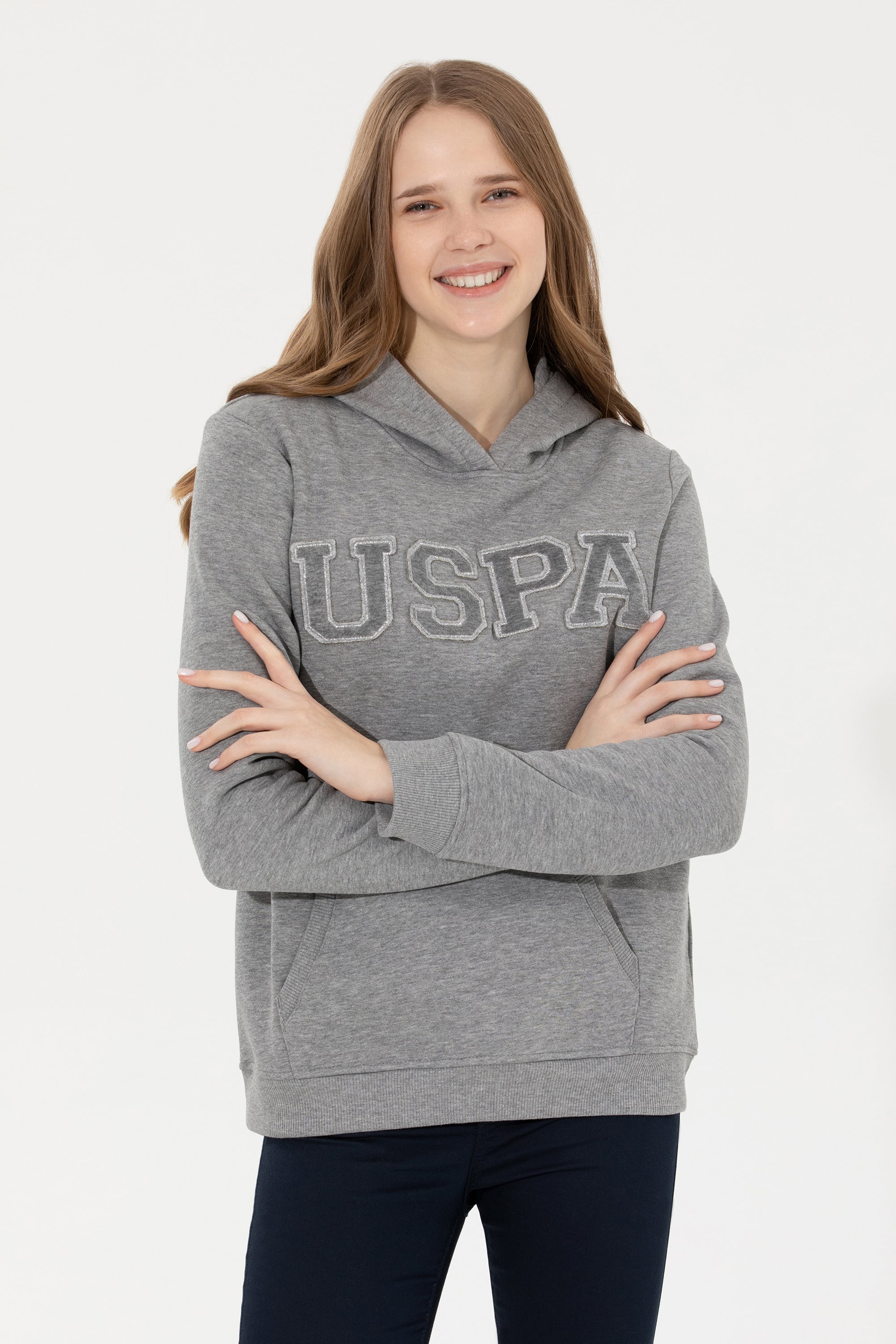Kadın Gri Melanj Kapüşonlu Basic Sweatshirt - Image 1