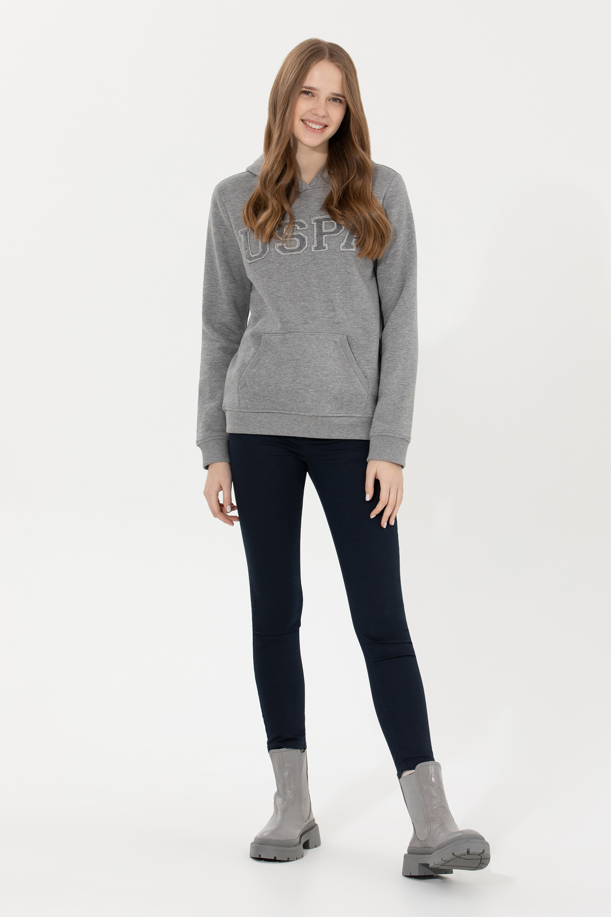Kadın Gri Melanj Kapüşonlu Basic Sweatshirt - Image 4