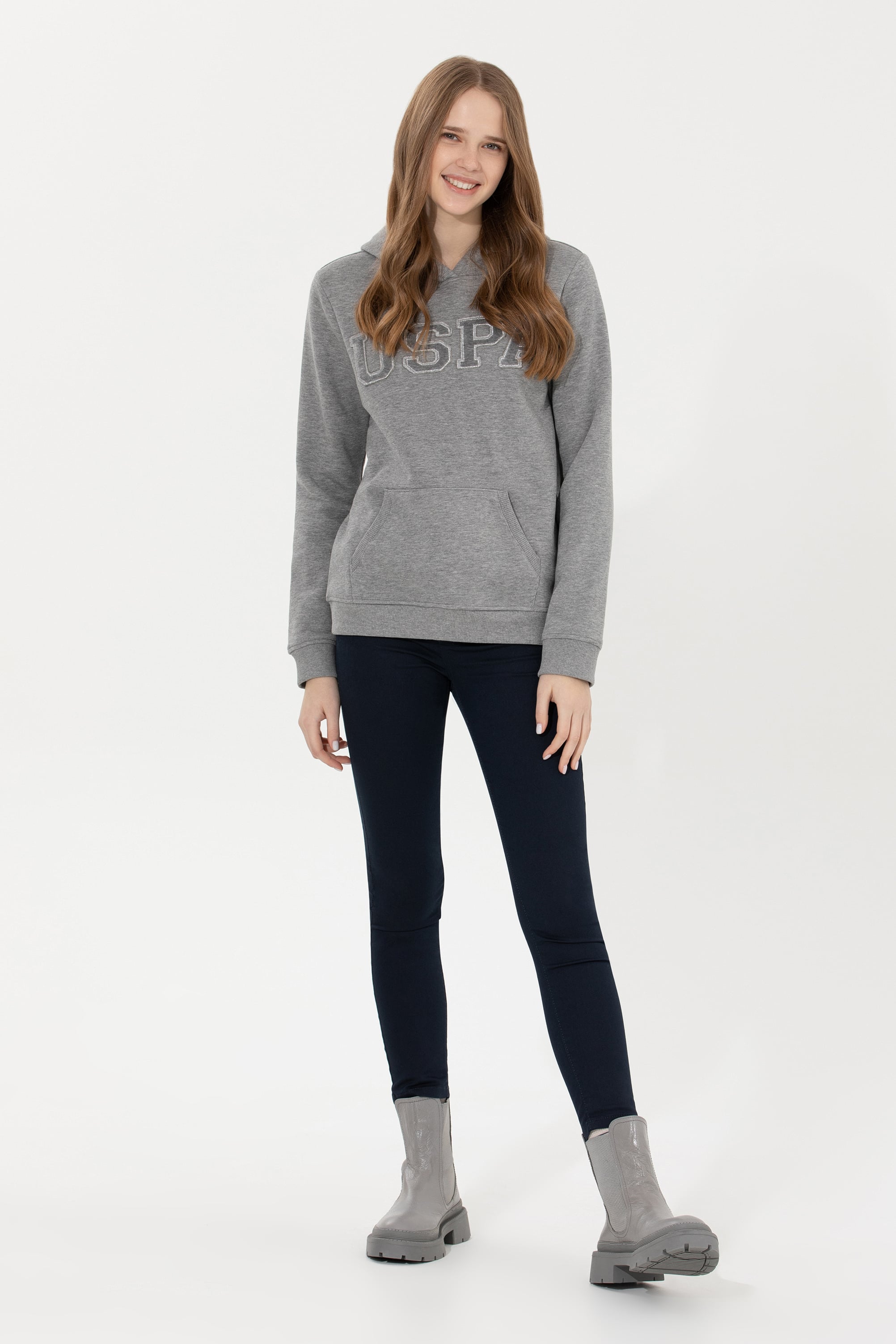 Kadın Gri Melanj Kapüşonlu Basic Sweatshirt