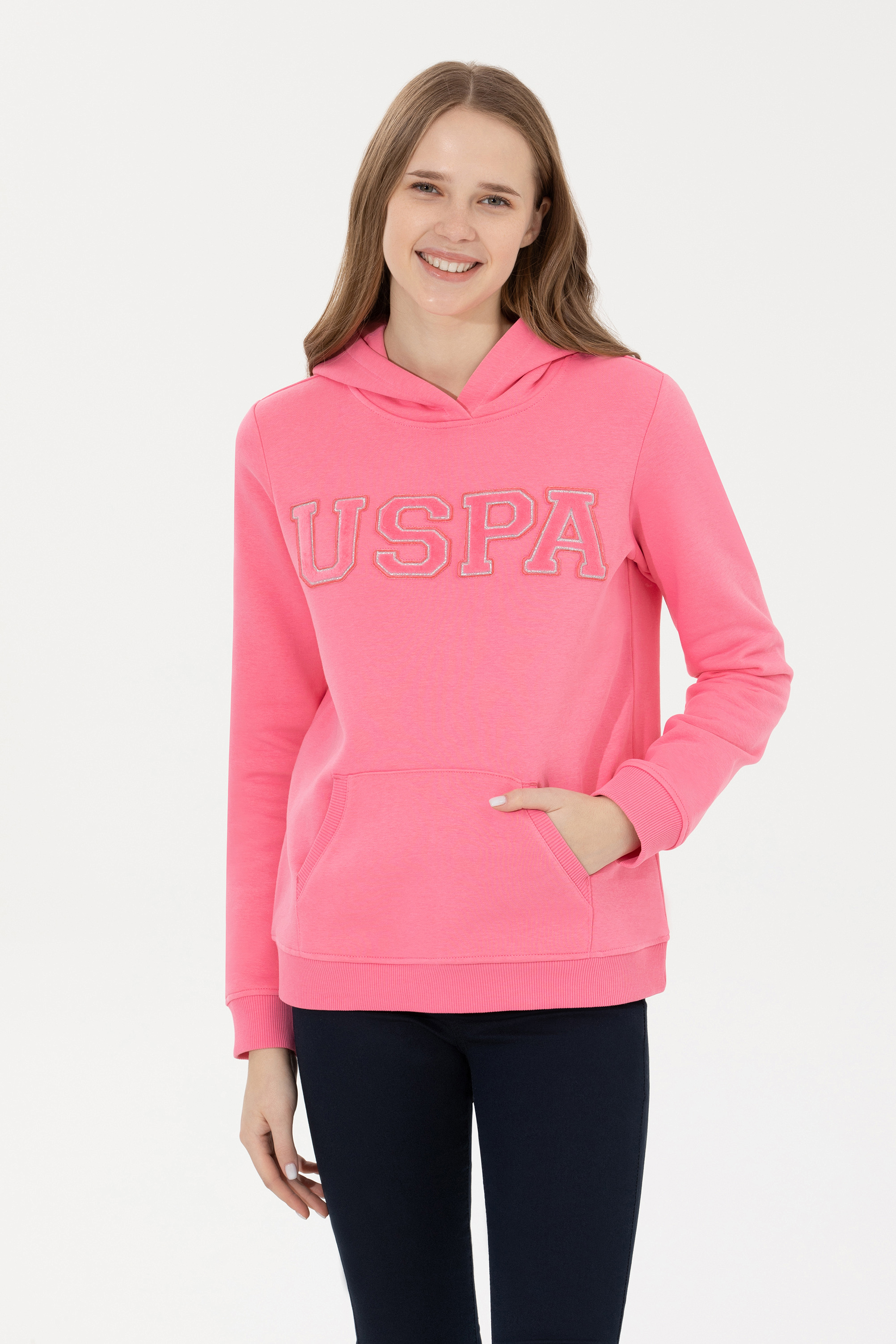Kadın Pembe Kapüşonlu Basic Sweatshirt - Image 3