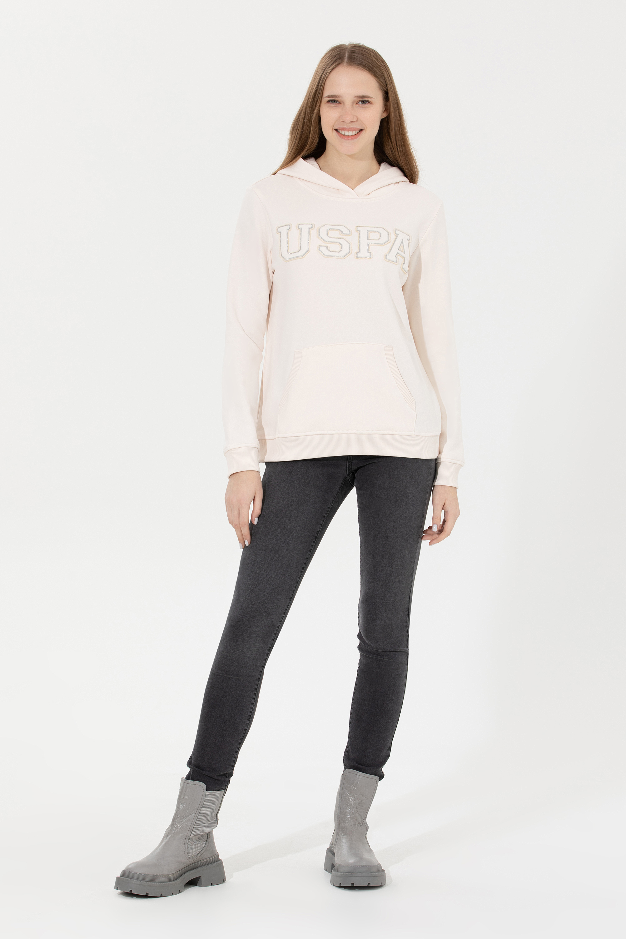 Kadın Ekru Kapüşonlu Basic Sweatshirt - Image 4