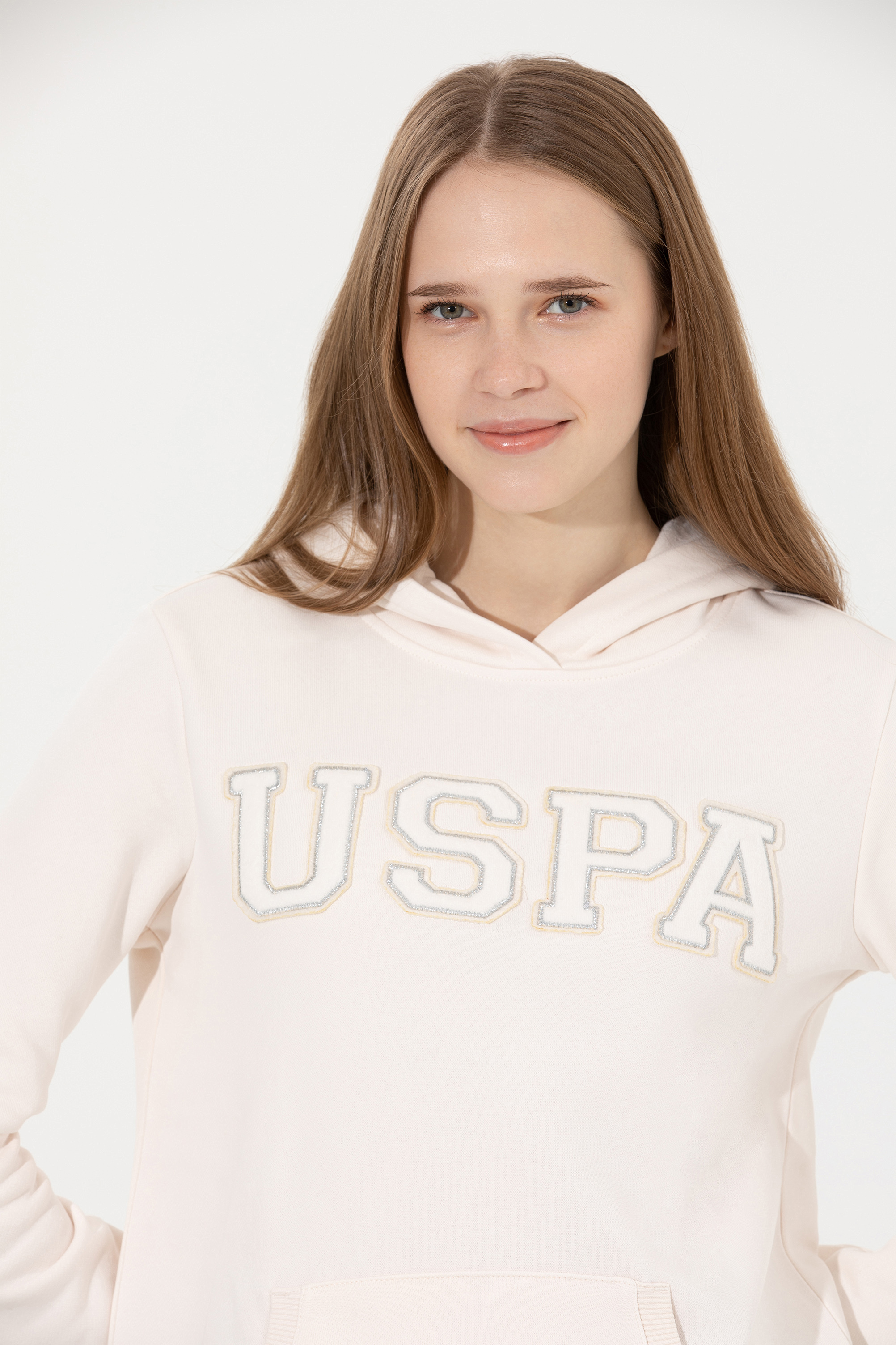 Kadın Ekru Kapüşonlu Basic Sweatshirt - Image 2