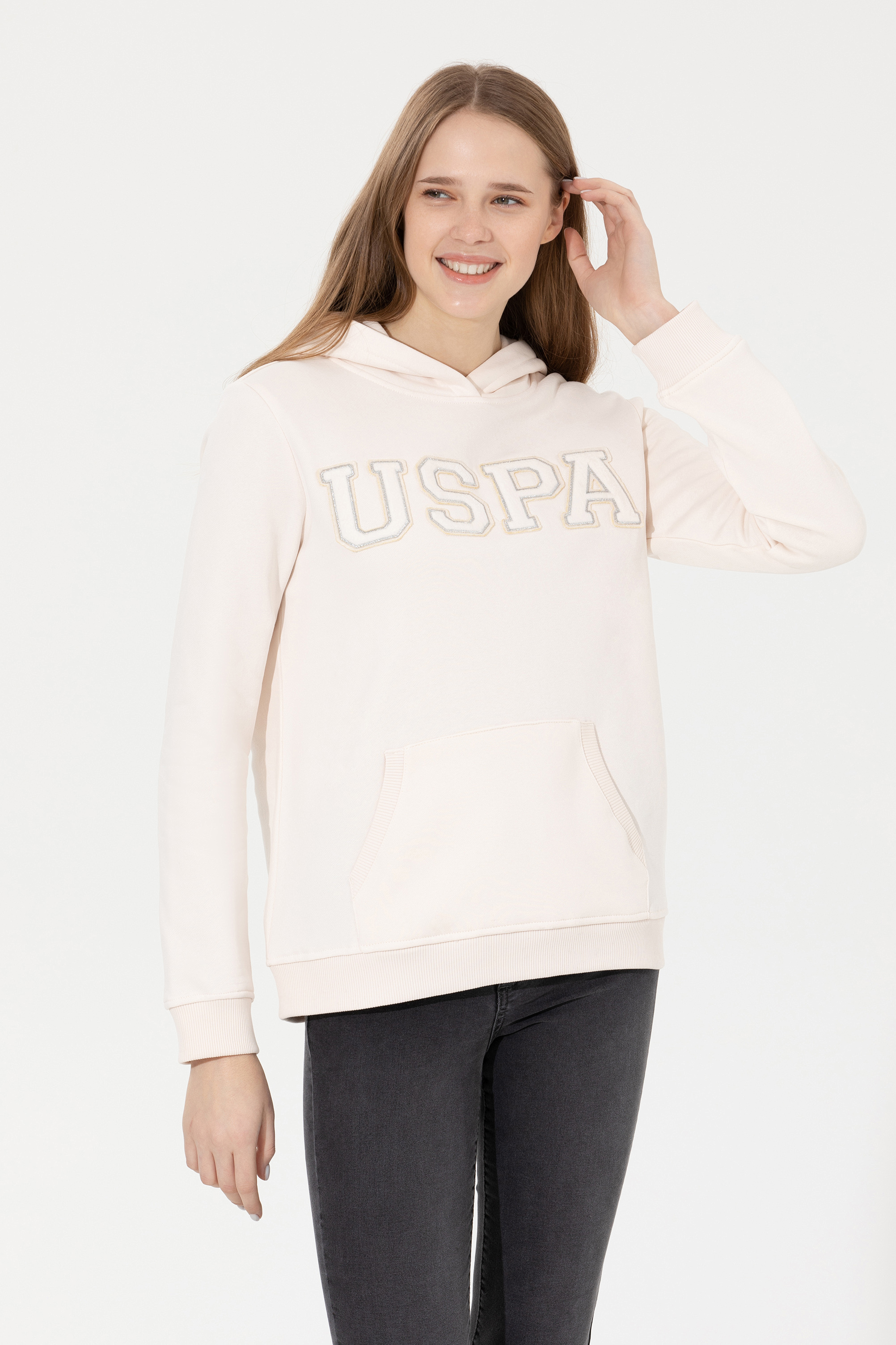 Kadın Ekru Kapüşonlu Basic Sweatshirt - Image 3